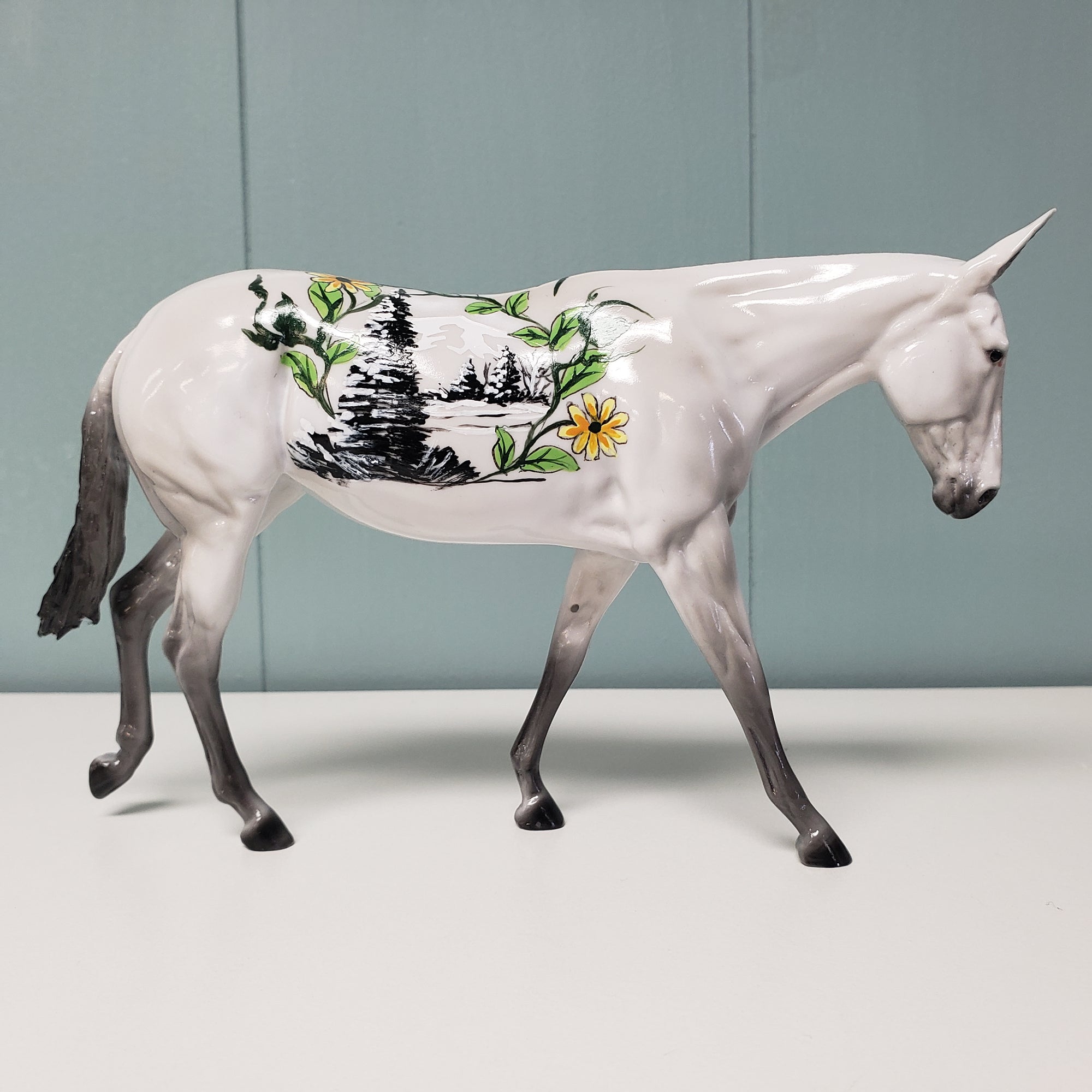 Bliss OOAK Gray W/ Tree, Mountain & Flower Vines Glossy Deco Mule Pebble By Dawn Quick Val24