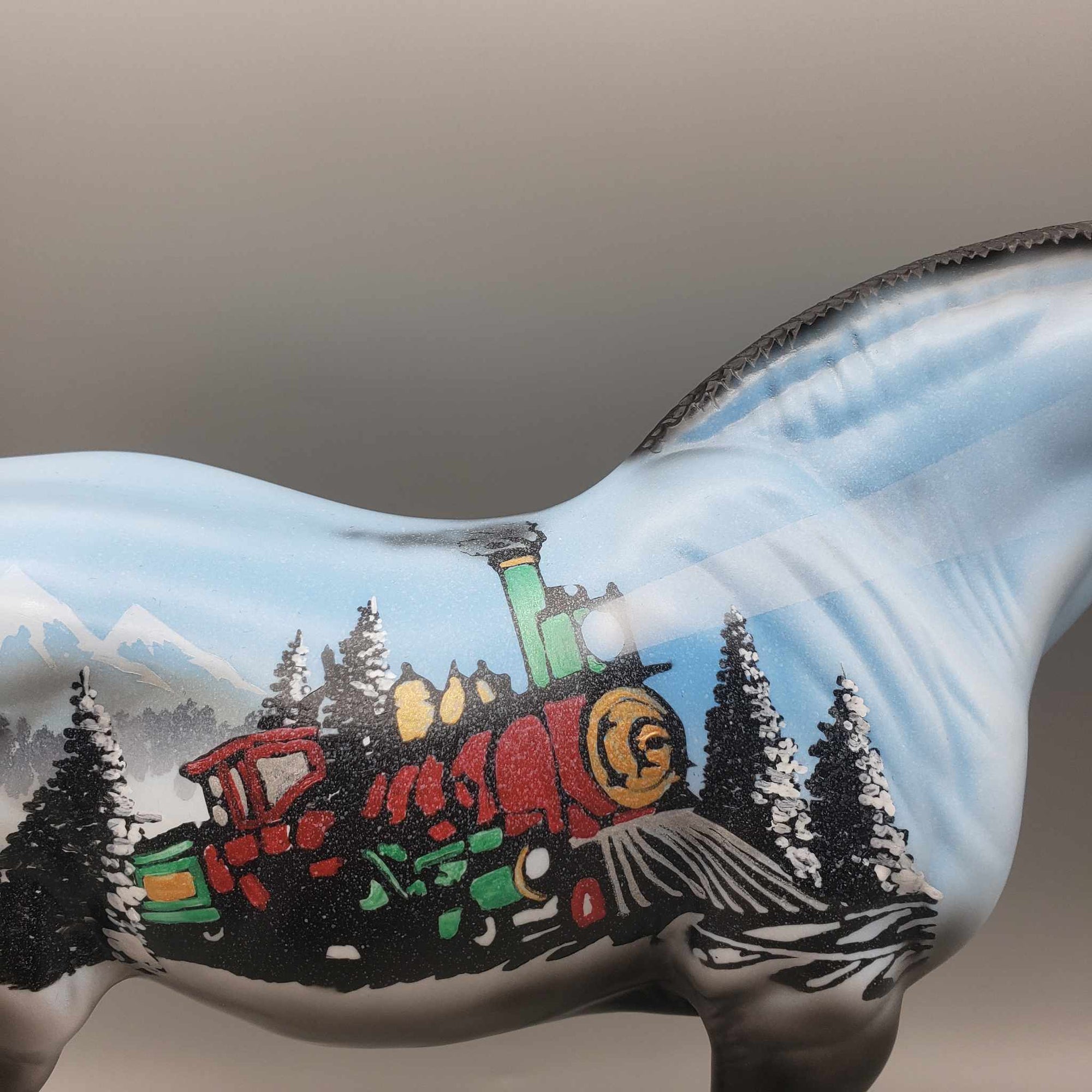 Holiday Train OOAK Blue & Black W/ Winter Train Scene Deco Draft By Dawn Quick Holiday Sale HS23