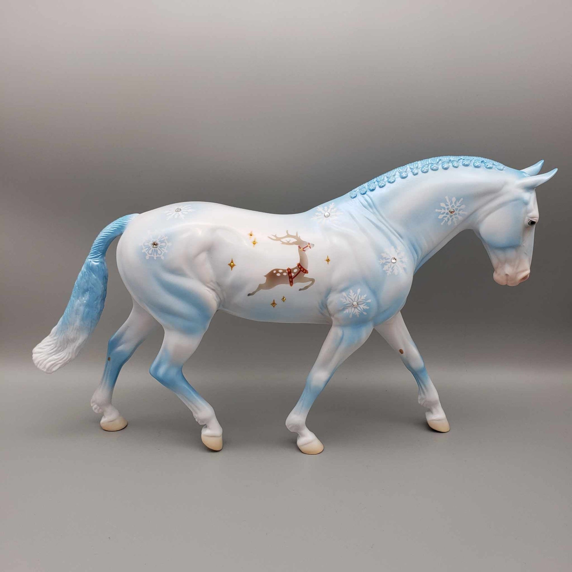 Flying Reindeer OOAK Blue W/ Reindeer and Snowflakes Deco Irish Draft By Jess Hamill Holiday Sale HS23