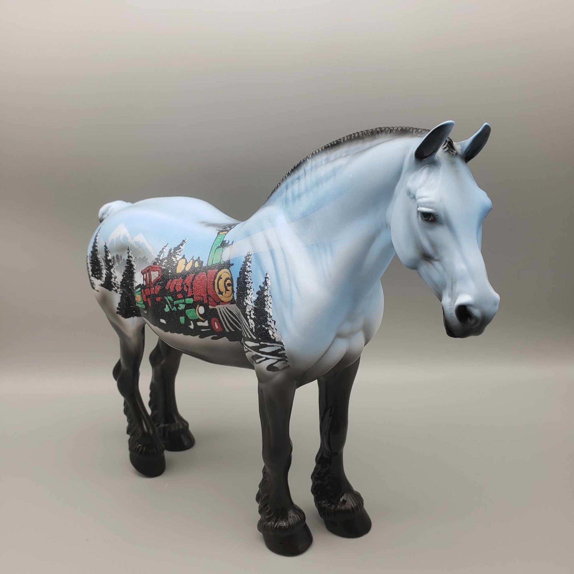 Holiday Train OOAK Blue & Black W/ Winter Train Scene Deco Draft By Dawn Quick Holiday Sale HS23