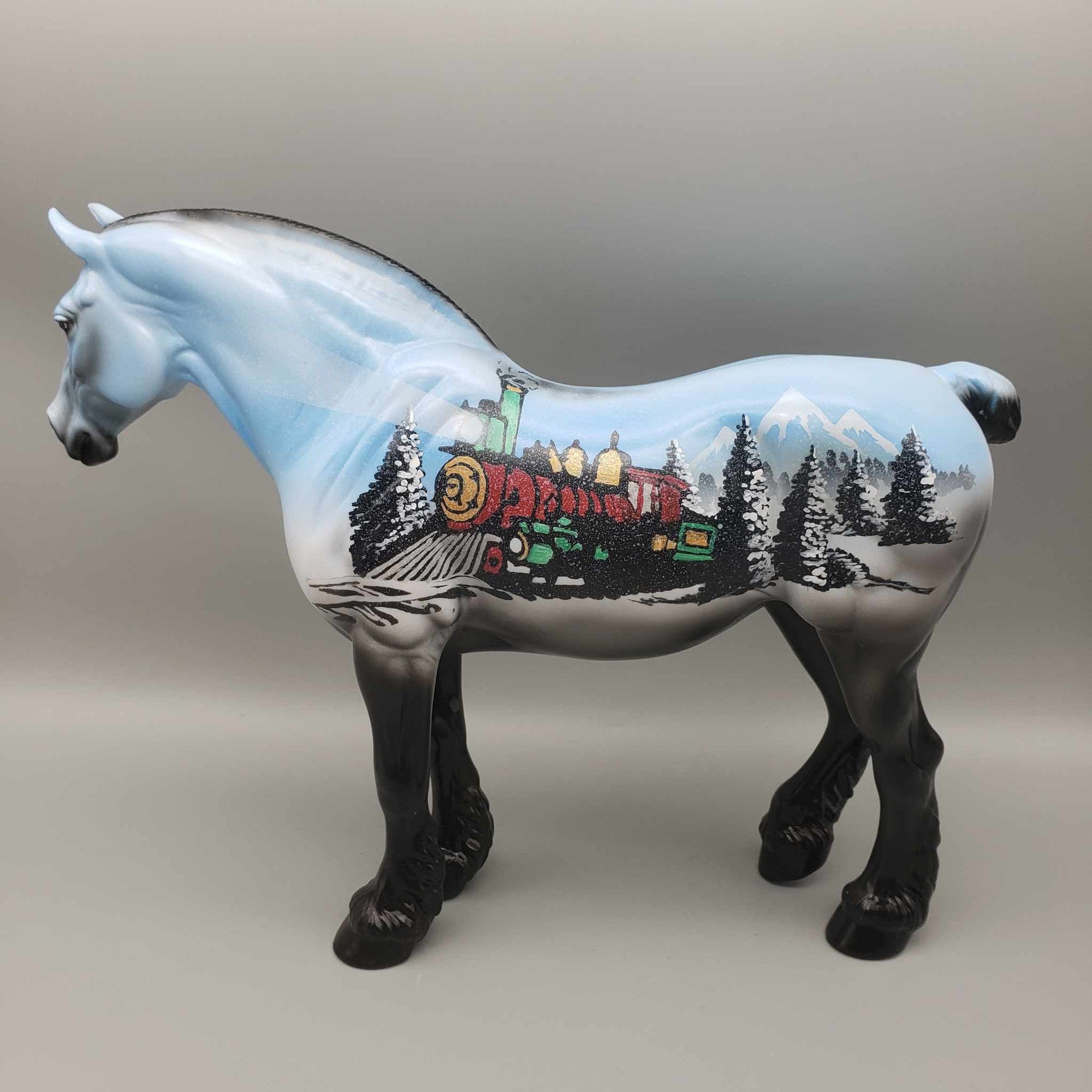 Holiday Train OOAK Blue & Black W/ Winter Train Scene Deco Draft By Dawn Quick Holiday Sale HS23