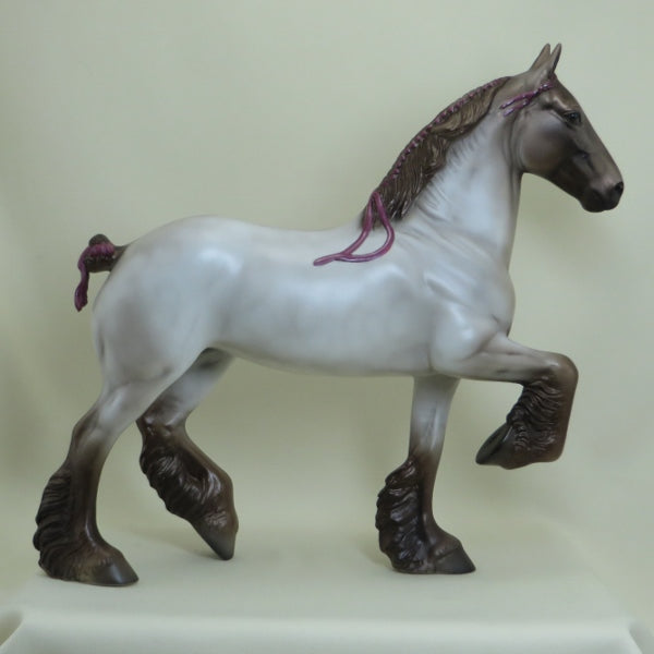 VIVE - OOAK Chocolate Roan Trotting Draft Model Horse with Pink Ribbon - 4/15