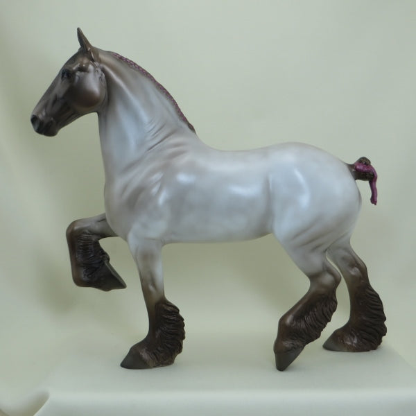 VIVE - OOAK Chocolate Roan Trotting Draft Model Horse with Pink Ribbon - 4/15