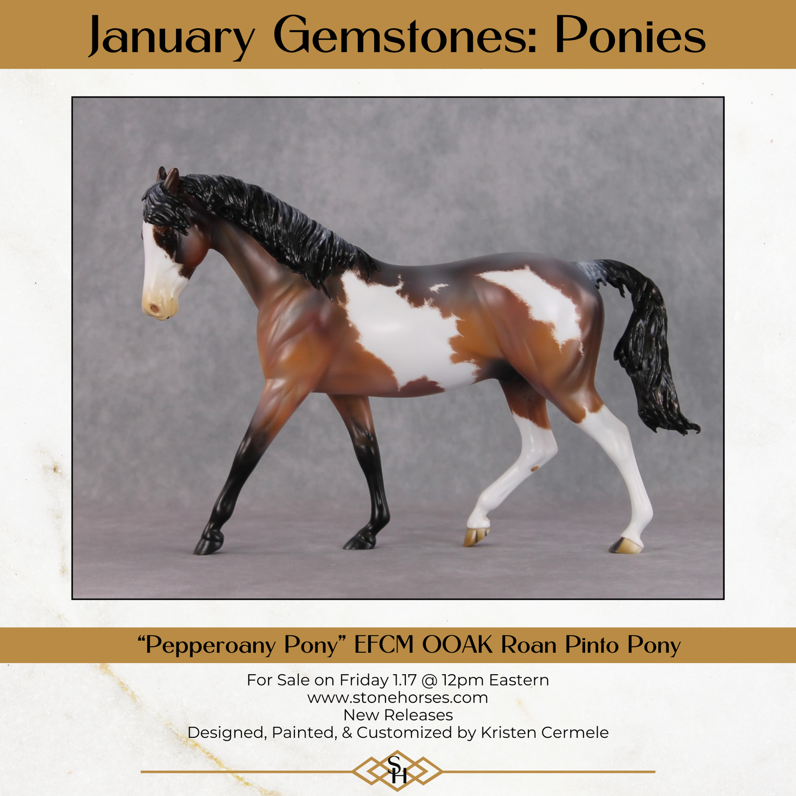 "Pepperoany Pony" OOAK Custom Bay Roan Overo Pony Stone By Kristin Cermele - Gemstone Series