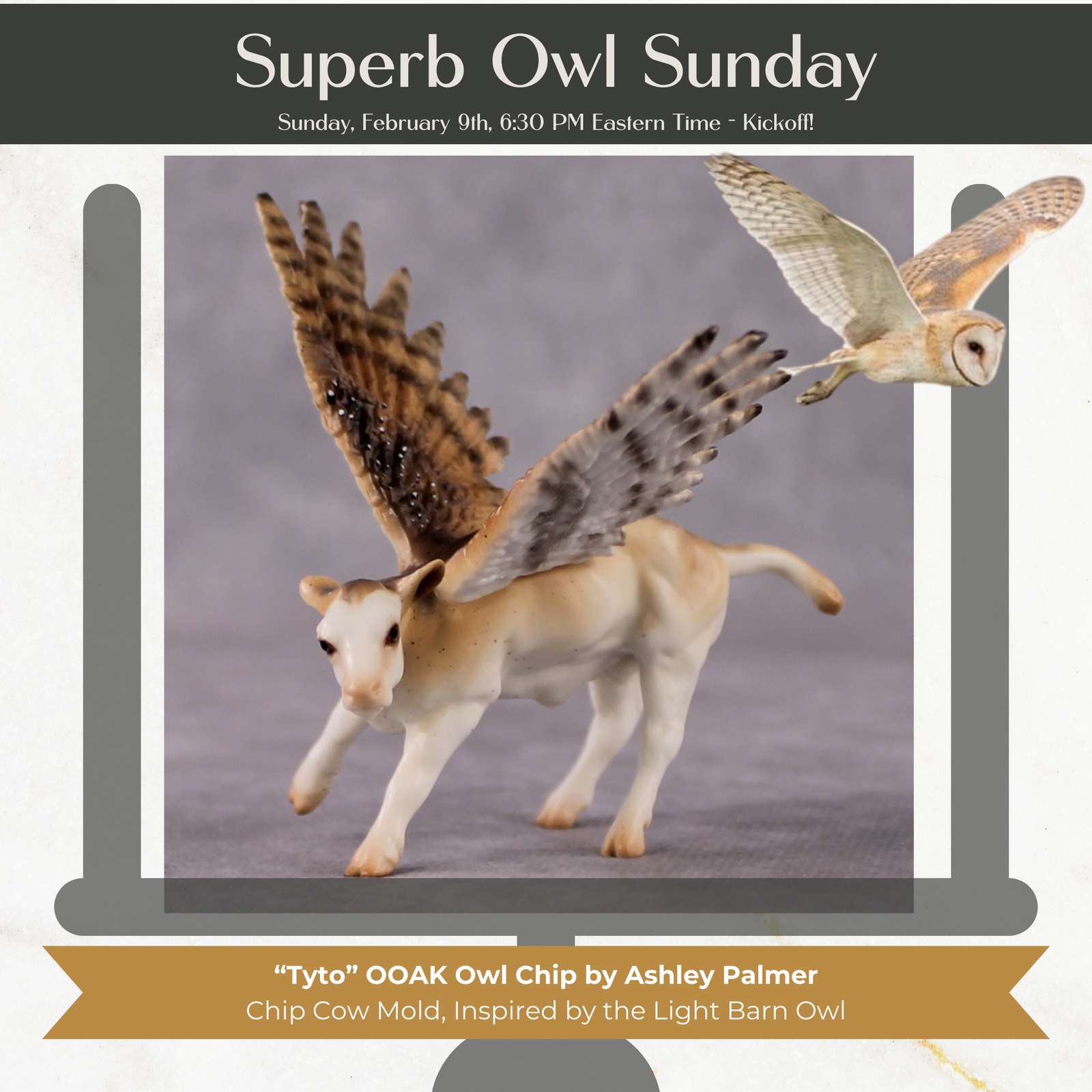 "Tyto" Secret Surprise Chip Drop: Superb Owl Sunday OOAK Deco Custom Cow Chip By Ashley Palmer