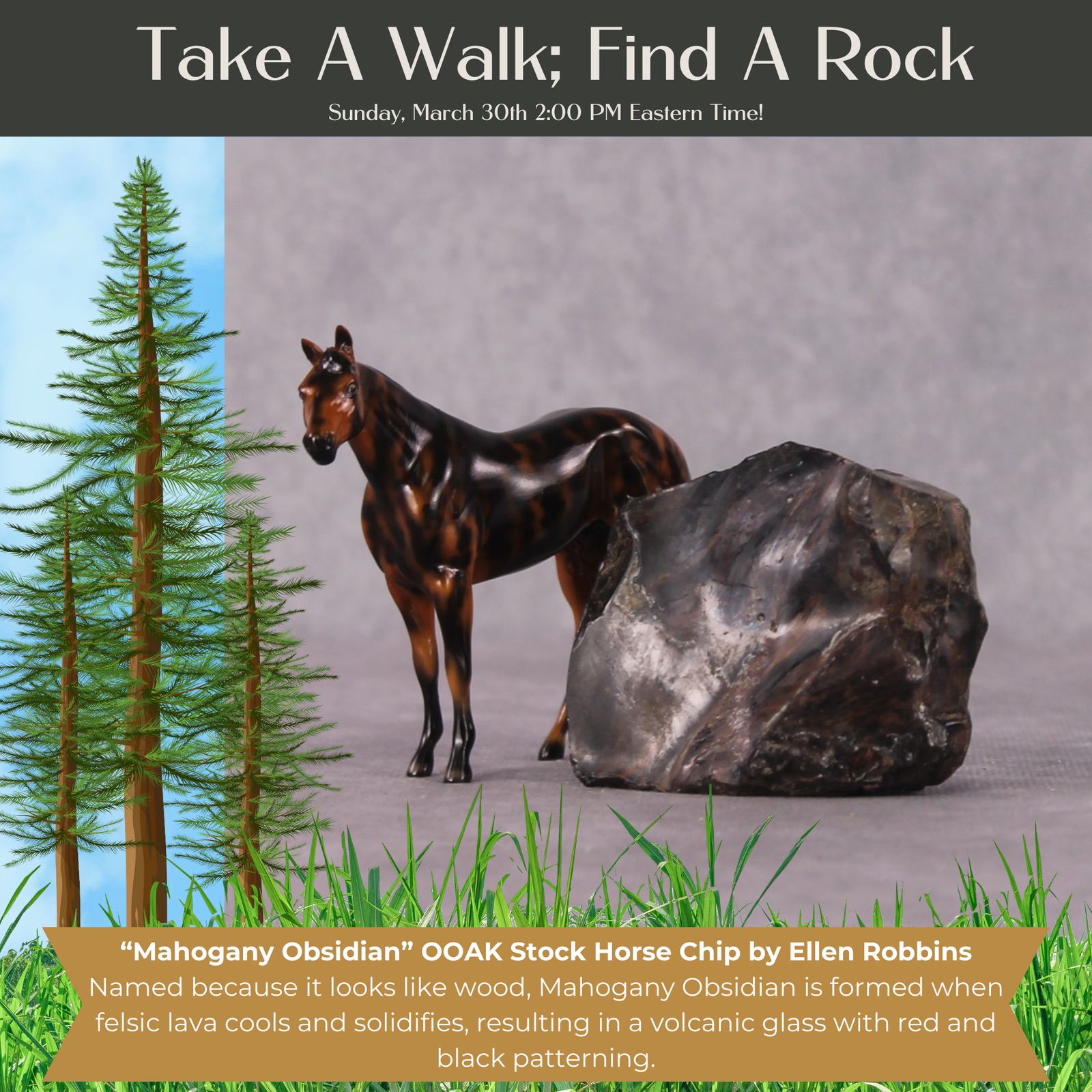 “National Take A Walk in a Park Day” Rock Chips: OOAK Stock Horse Chip based on Mahogany Obsidian by Ellen Robbins