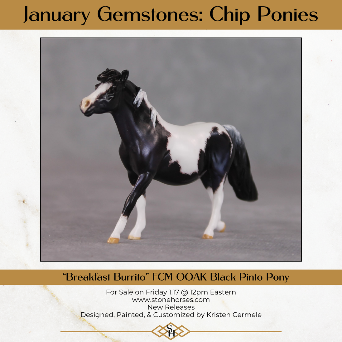 "Breakfast Burrito" OOAK Custom Blue Black Pinto Pony Chip By Kristen Cermele - Gemstone Series