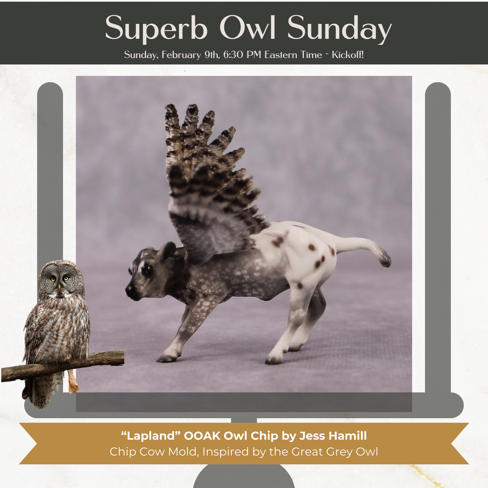 "Lapland" Secret Surprise Chip Drop: Superb Owl Sunday OOAK Deco Custom Cow Chip By Jess Hamill