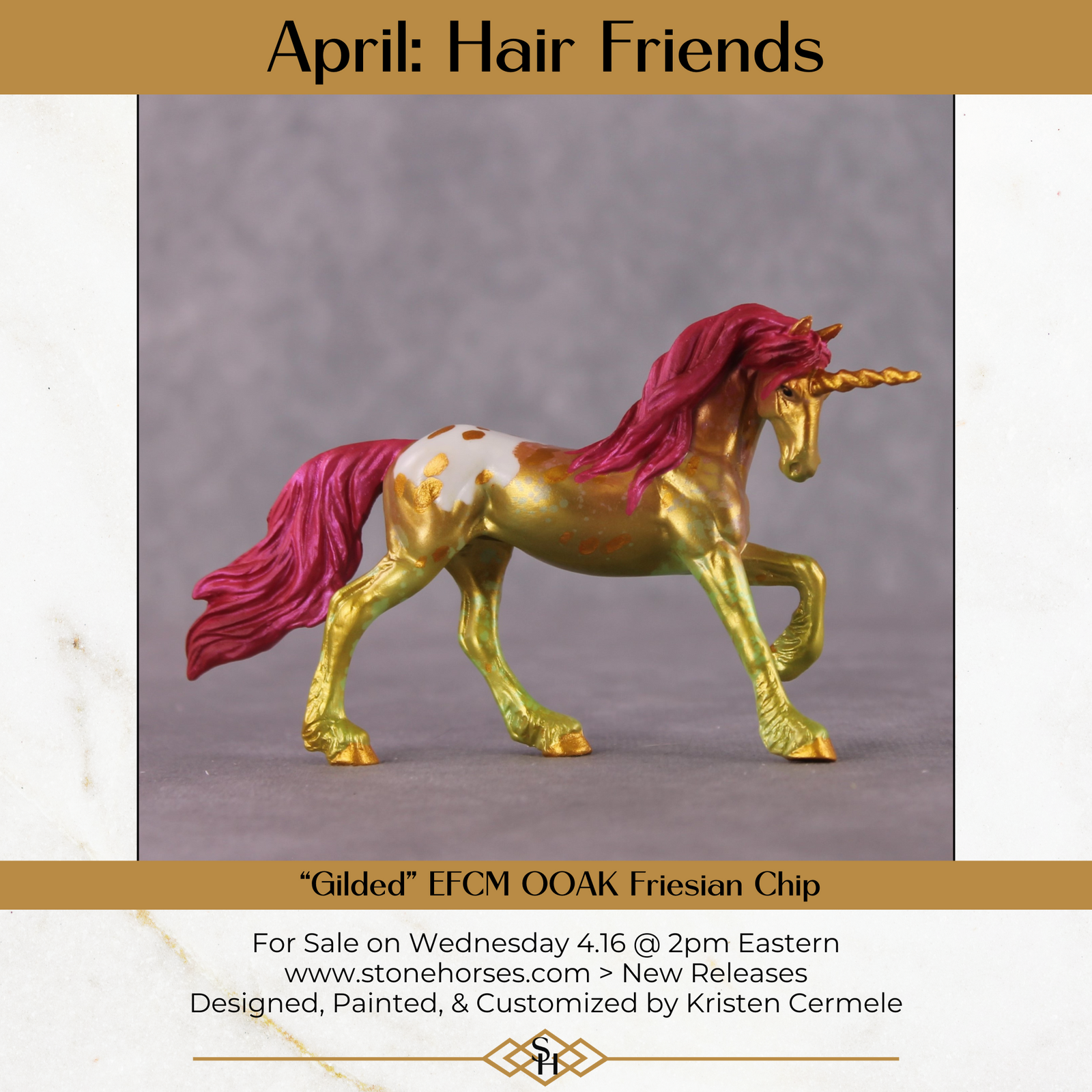 "Gilded" OOAK EFCM Unicorn Friesian Chip By Kristen Cermele - April GemStones Series