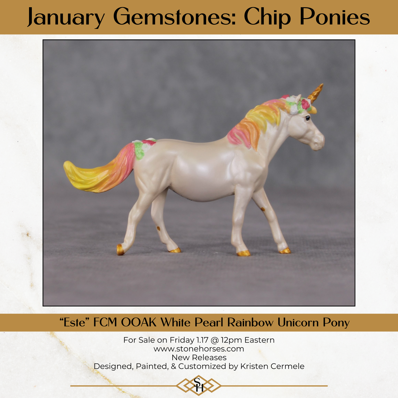 "Este" OOAK Custom Cream Pearl Unicorn Pony Chip By Kristin Cermele - Gemstone Series