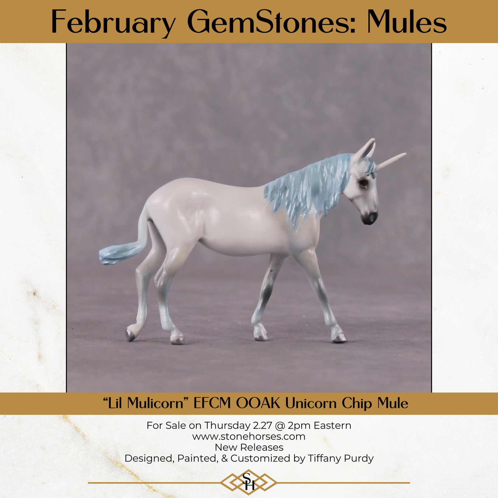 "Lil Mulicorn" OOAK EFCM Deco White & Baby Blue Unicorn Mule Chip By Tiffany Purdy - GemStone Series