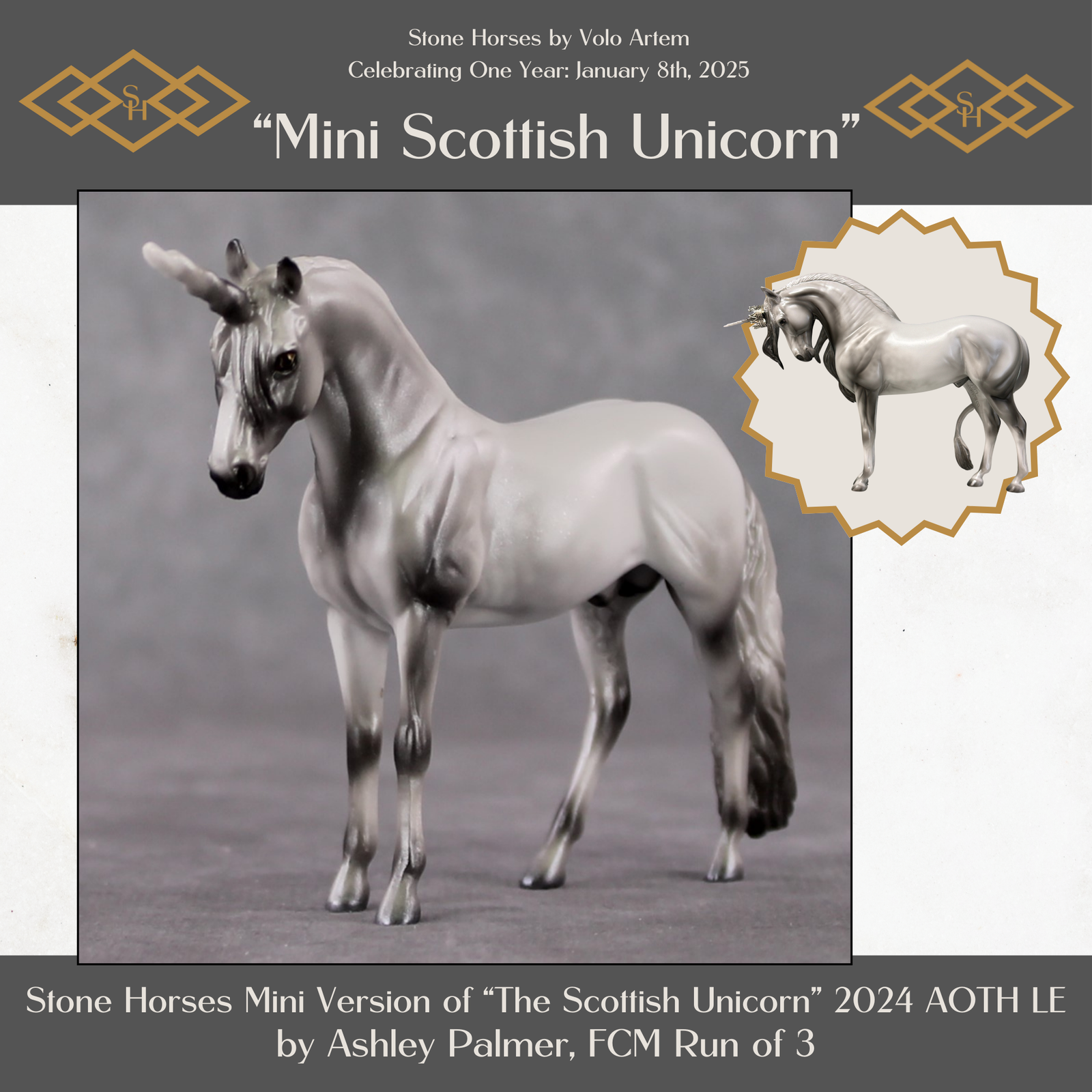 "Mini The Scottish Unicorn" LE-3 Dappled Silver & Pearl Unicorn Deco Andalusian Chip By Ashley Palmer-Secret Surprise Chip Drop