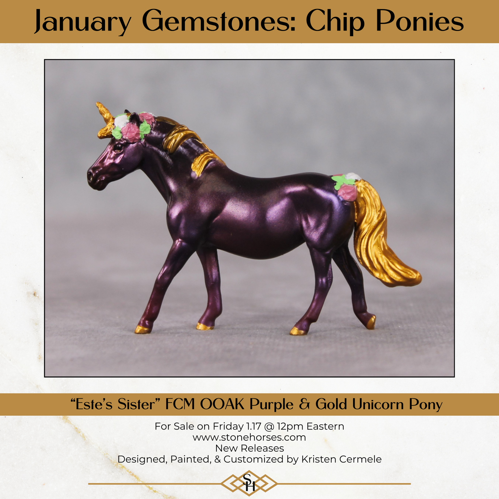 "Este's Sister" OOAK Custom Dark Shimmery Plum Unicorn Pony Chip By Kristin Cermele - Gemstone Series