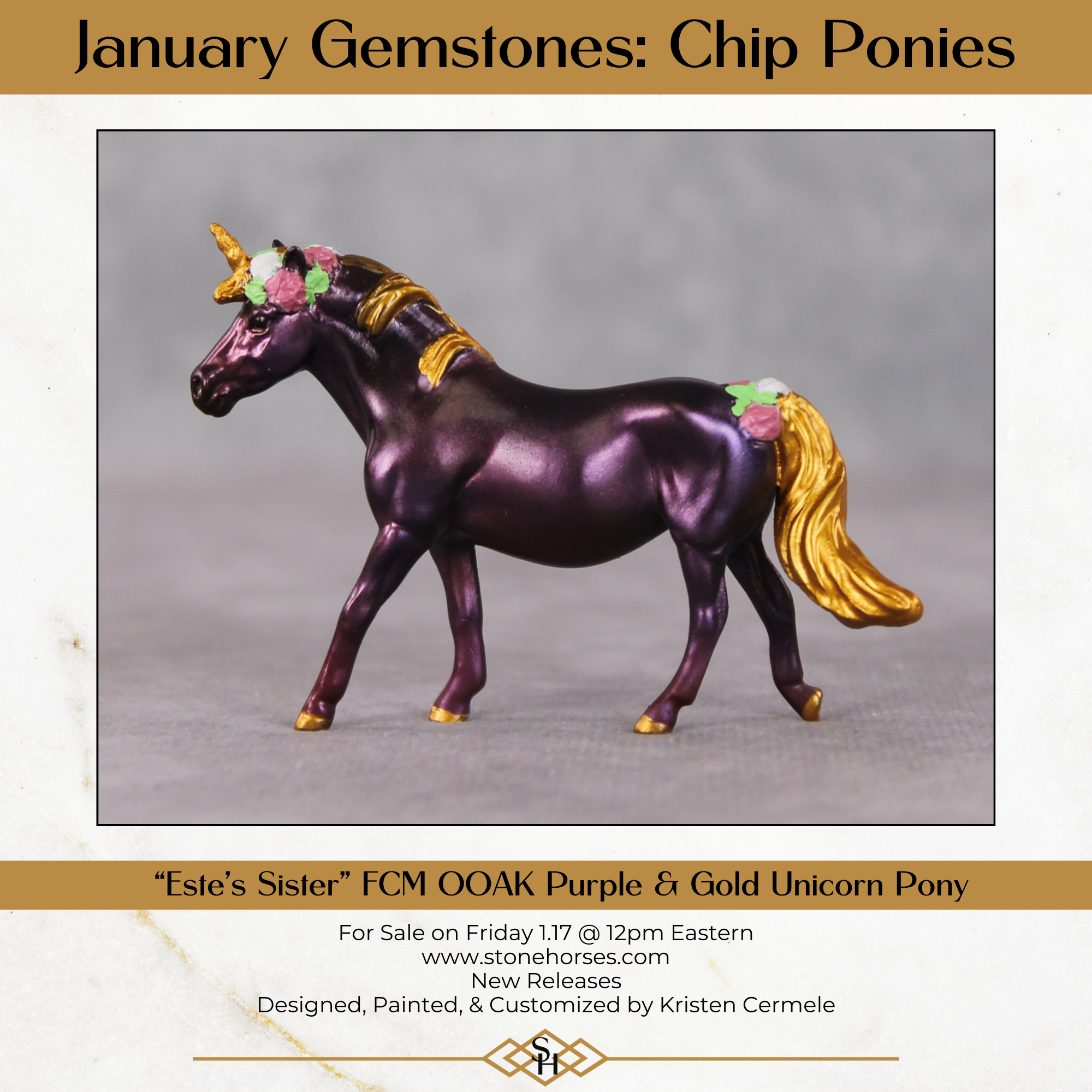 Este's Sister OOAK Custom Dark Shimmery Plum Unicorn Pony Chip By Kristin Cermele - Gemstone Series