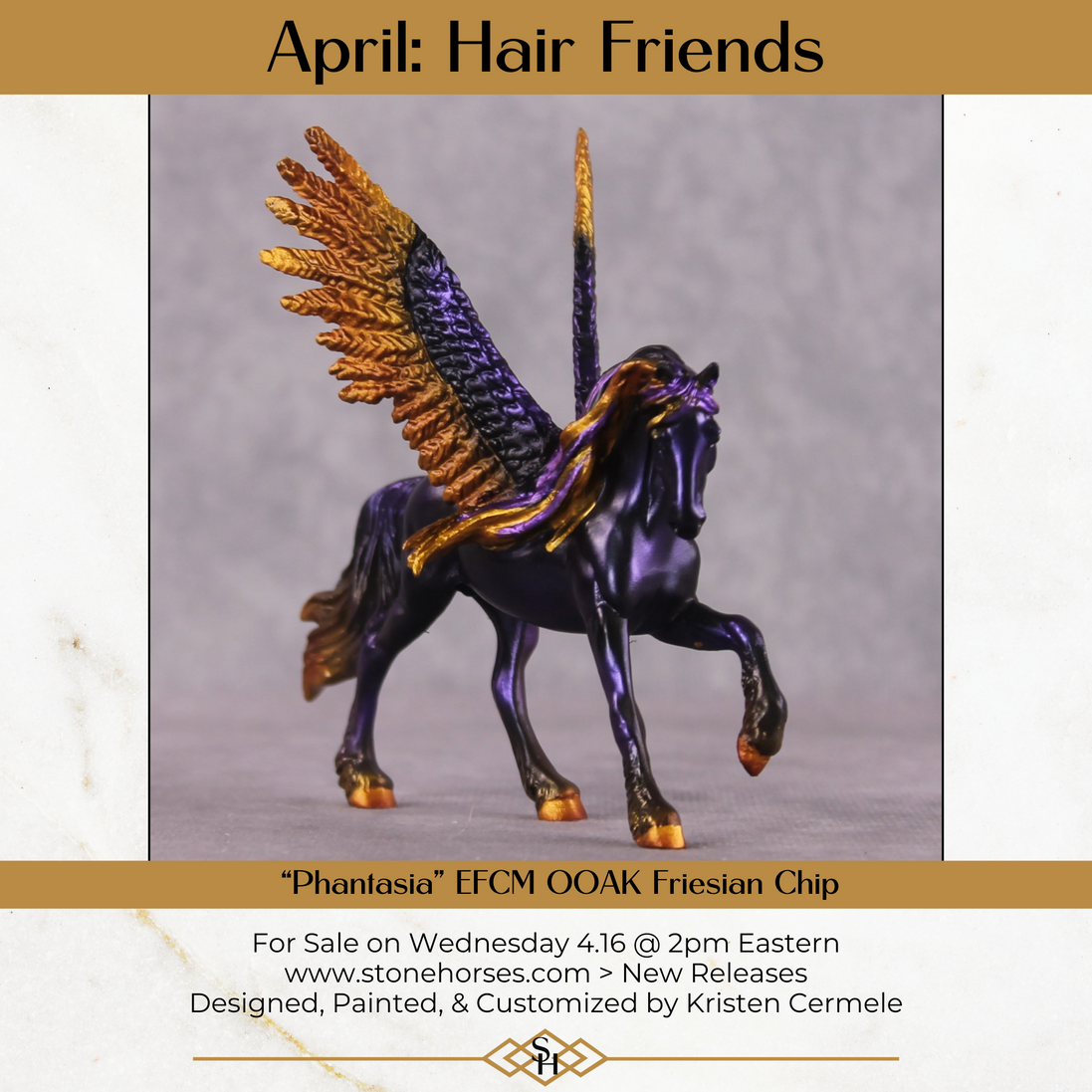 "Phantasia" OOAK EFCM Pegasus Friesian Chip By Kristen Cermele - April GemStones Series