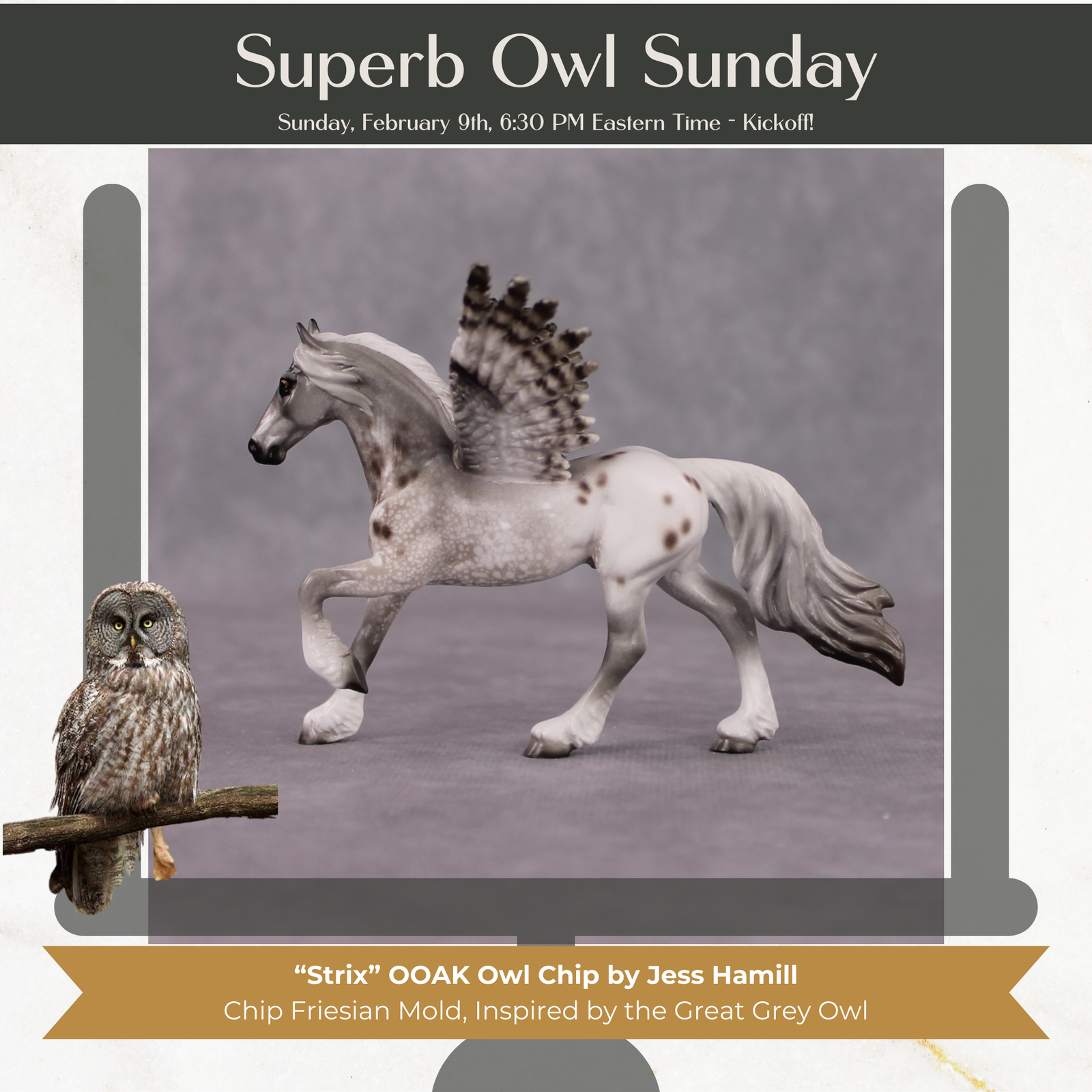 "Strix" Secret Surprise Chip Drop: Superb Owl Sunday OOAK Deco Custom Friesian Chip By Jess Hamill