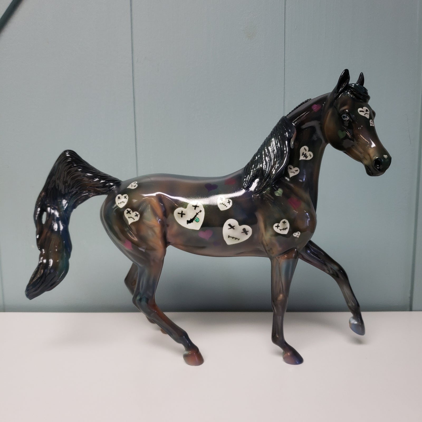 Heart Distress OOAK Deco Dark Green & Pastel W/ Hearts Glossy Arabian Mare By Julie Keim  Val24