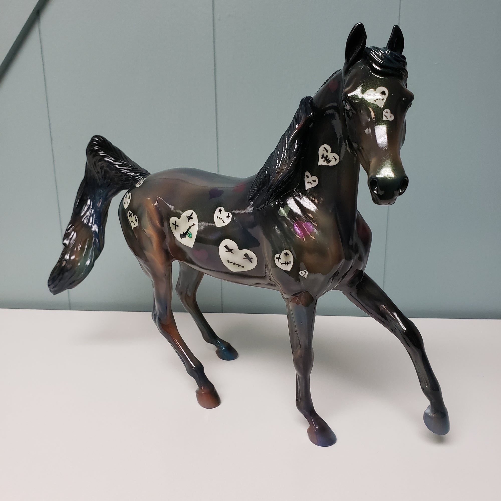 Heart Distress OOAK Deco Dark Green &amp; Pastel W/ Hearts Glossy Arabian Mare By Julie Keim  Val24
