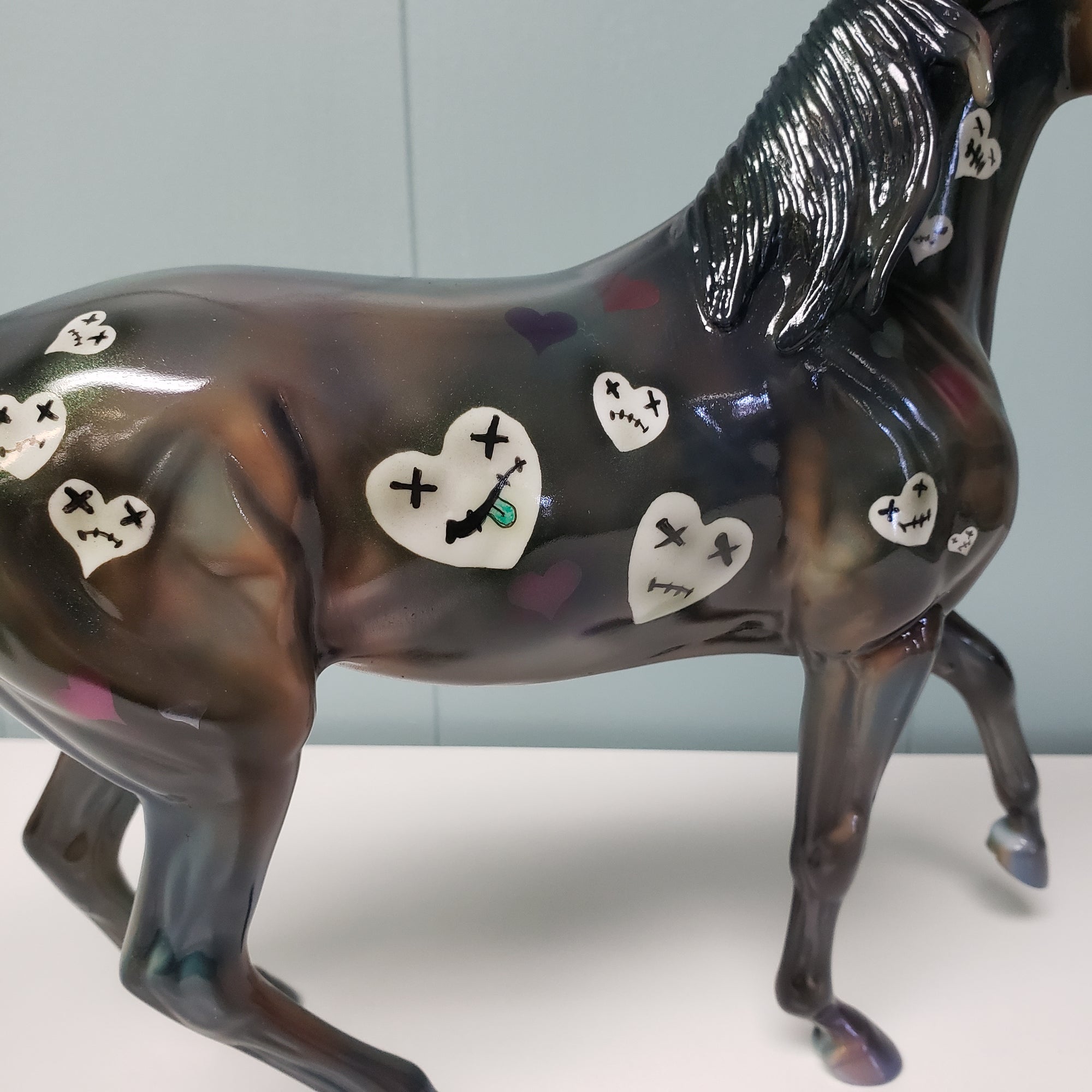 Heart Distress OOAK Deco Dark Green &amp; Pastel W/ Hearts Glossy Arabian Mare By Julie Keim  Val24