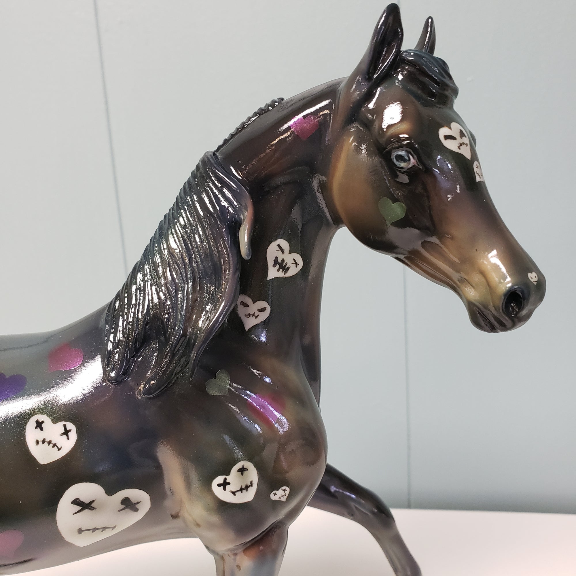 Heart Distress OOAK Deco Dark Green &amp; Pastel W/ Hearts Glossy Arabian Mare By Julie Keim  Val24