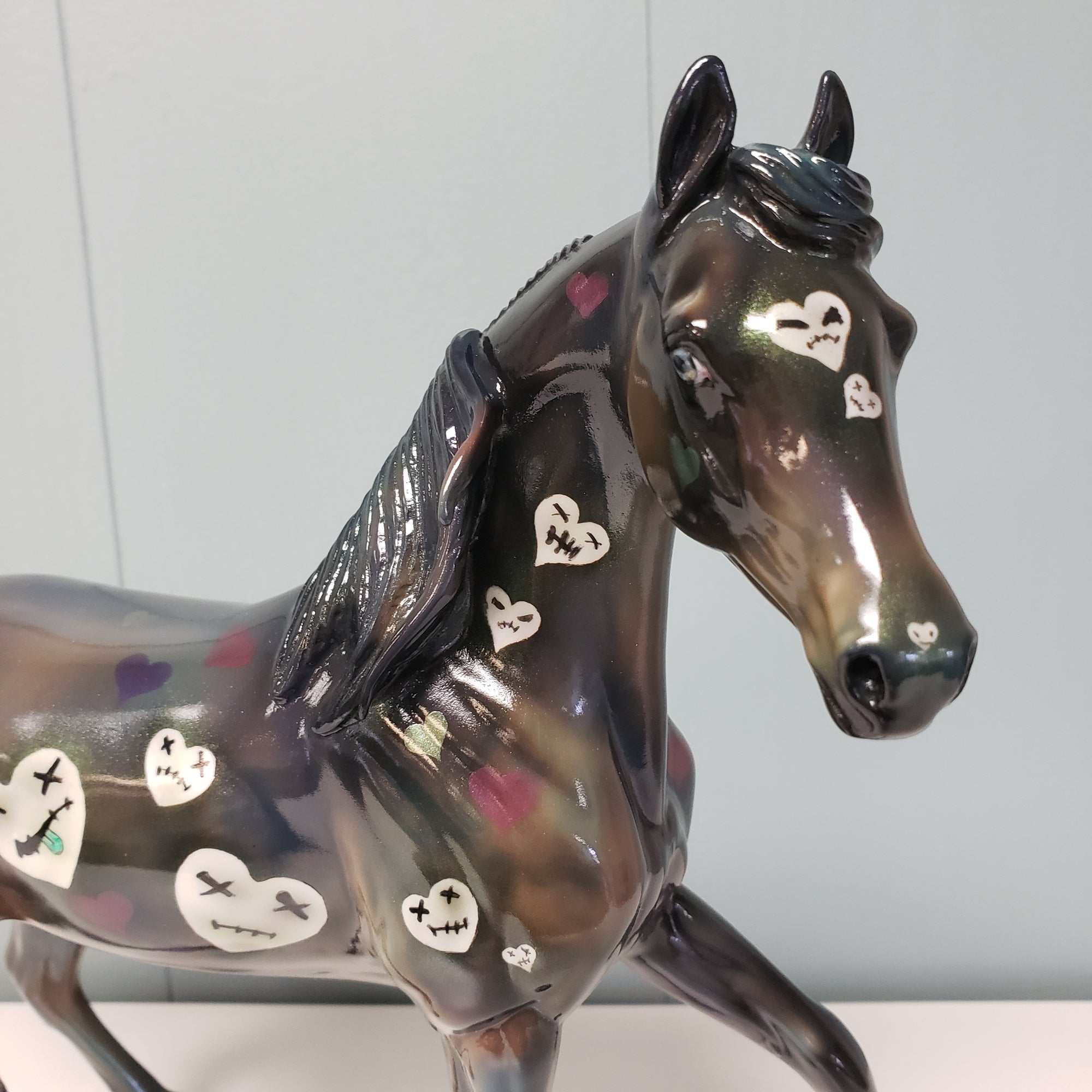Heart Distress OOAK Deco Dark Green &amp; Pastel W/ Hearts Glossy Arabian Mare By Julie Keim  Val24
