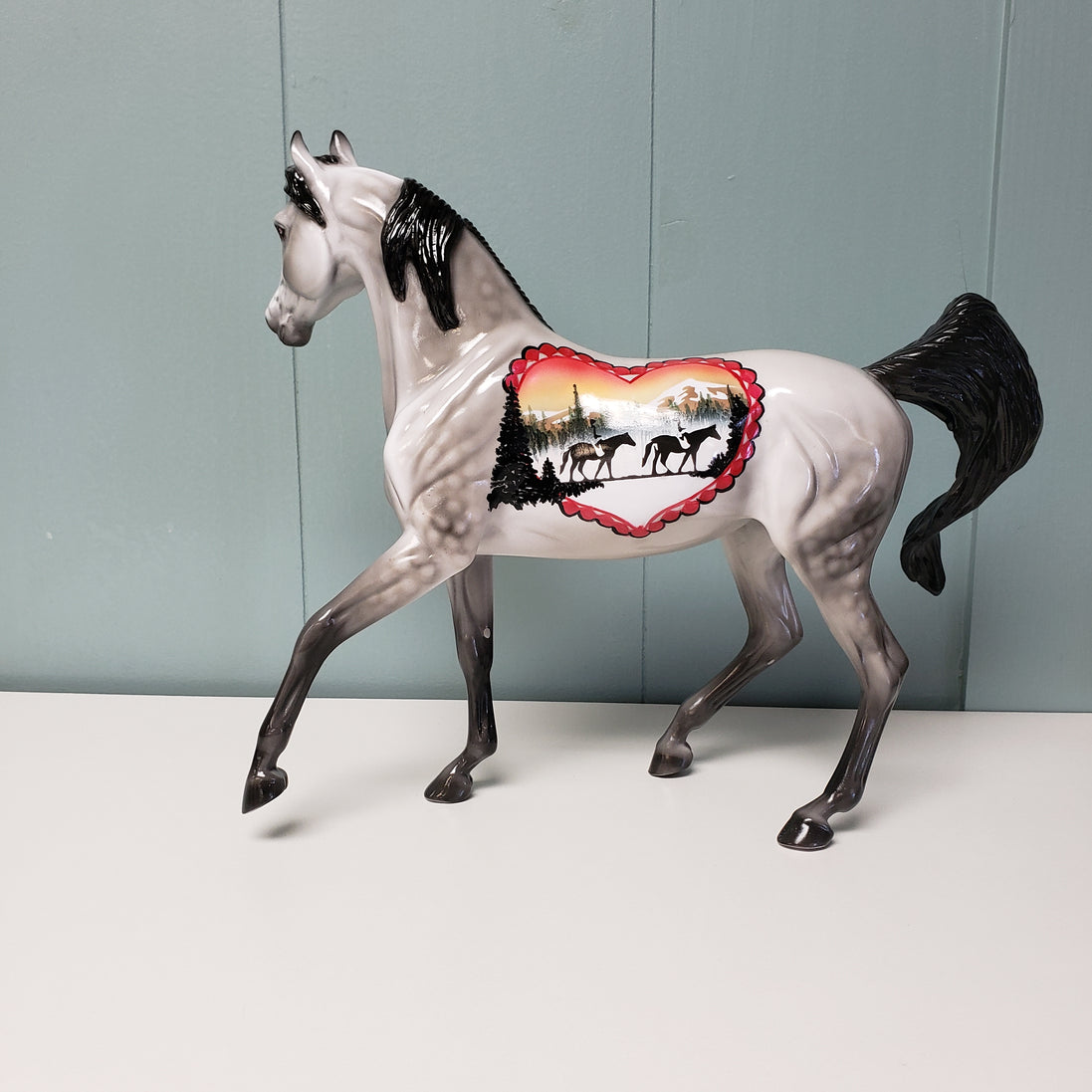 Affection OOAK Dappled Gray Glossy Deco W/ Horseback Mountain Scene Arabian Mare By Dawn Quick  Val24