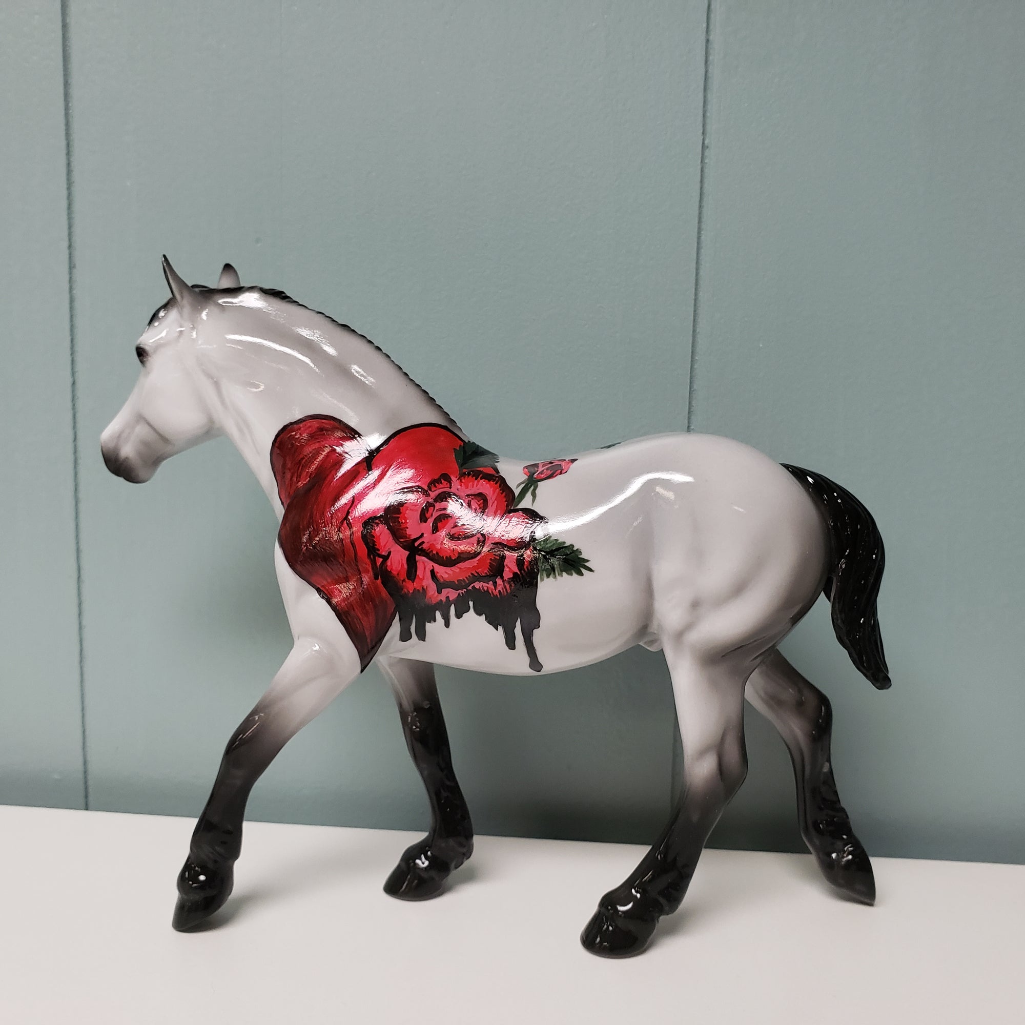 GLOSSY Broken Hearted OOAK Gray W/ Heart &amp; Roses Deco Draft Pebble By Dawn Quick  Val24