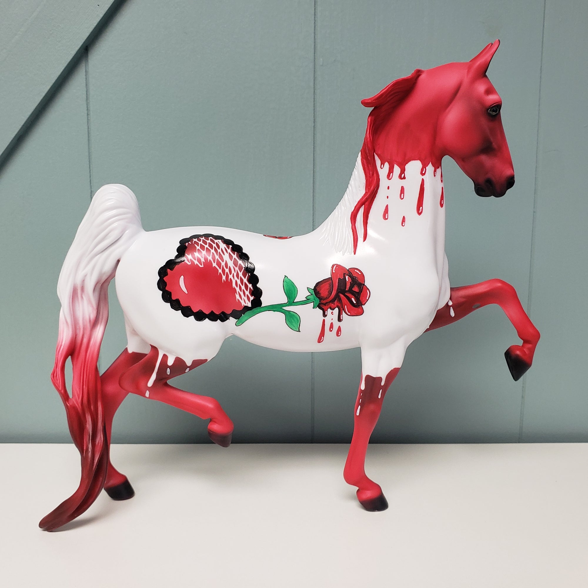 Blood Red Rose OOAK Red & White Deco W/ Heart and Bleeding Rose Saddlebred By Dawn Quick Val24