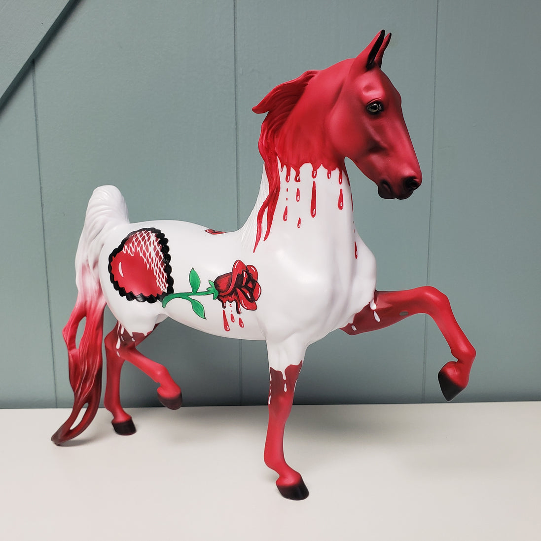 Blood Red Rose OOAK Red & White Deco W/ Heart and Bleeding Rose Saddlebred By Dawn Quick Val24