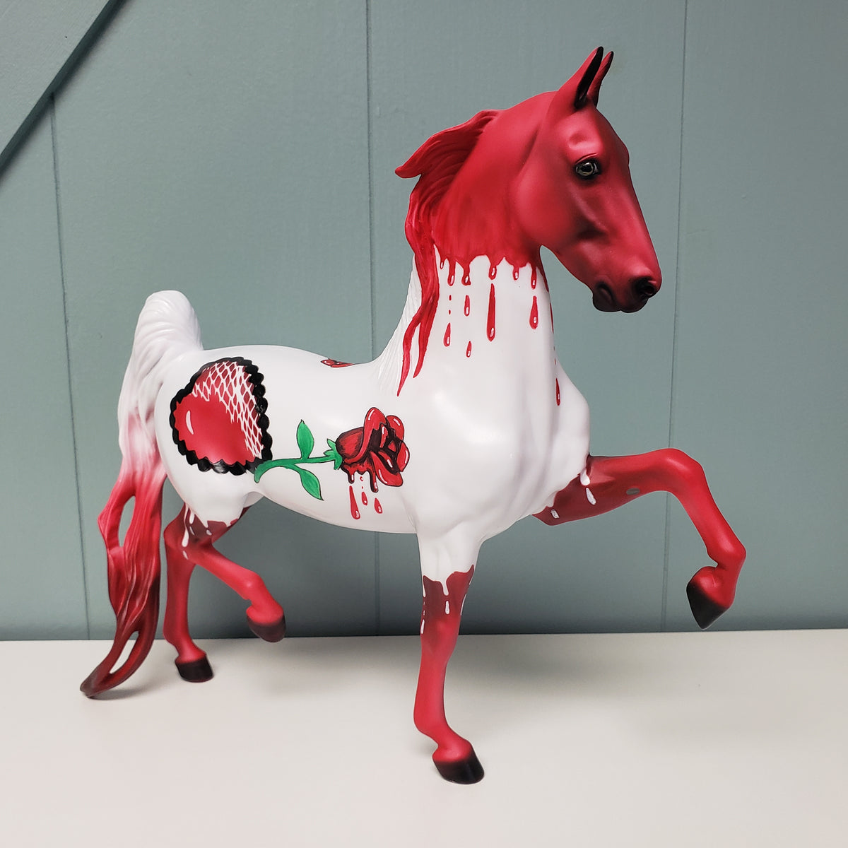 Blood Red Rose OOAK Red & White Deco W/ Heart and Bleeding Rose Saddlebred By Dawn Quick Val24