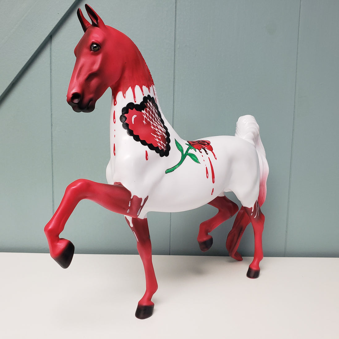 Blood Red Rose OOAK Red & White Deco W/ Heart and Bleeding Rose Saddlebred By Dawn Quick Val24