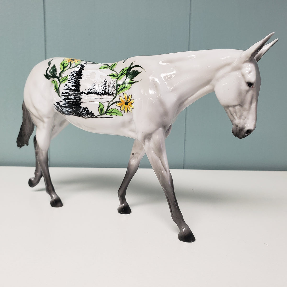 Bliss OOAK Gray W/ Tree, Mountain & Flower Vines Glossy Deco Mule Pebble By Dawn Quick  Val24