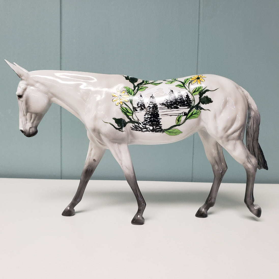 Bliss OOAK Gray W/ Tree, Mountain & Flower Vines Glossy Deco Mule Pebble By Dawn Quick  Val24