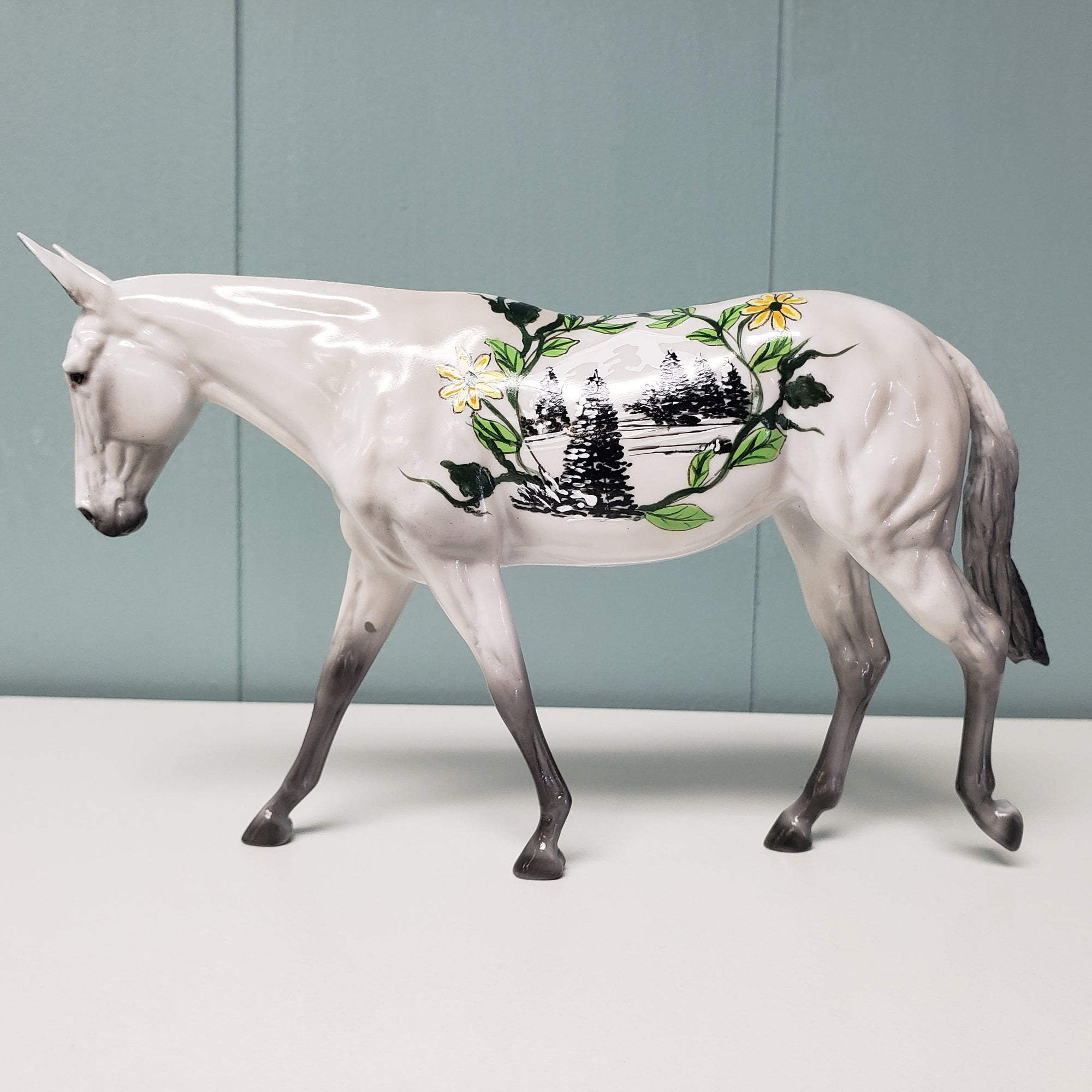 Bliss OOAK Gray W/ Tree, Mountain &amp; Flower Vines Glossy Deco Mule Pebble By Dawn Quick  Val24