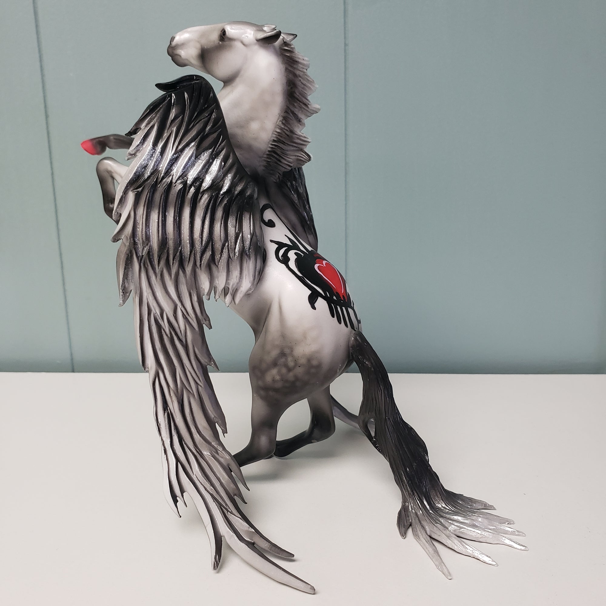 Villaintine OOAK Deco Dappled Gray W/ Angel Wings &amp; Bleeding Heart Design Rearing Pebble By Dawn Quick Best Offers 2/26/24