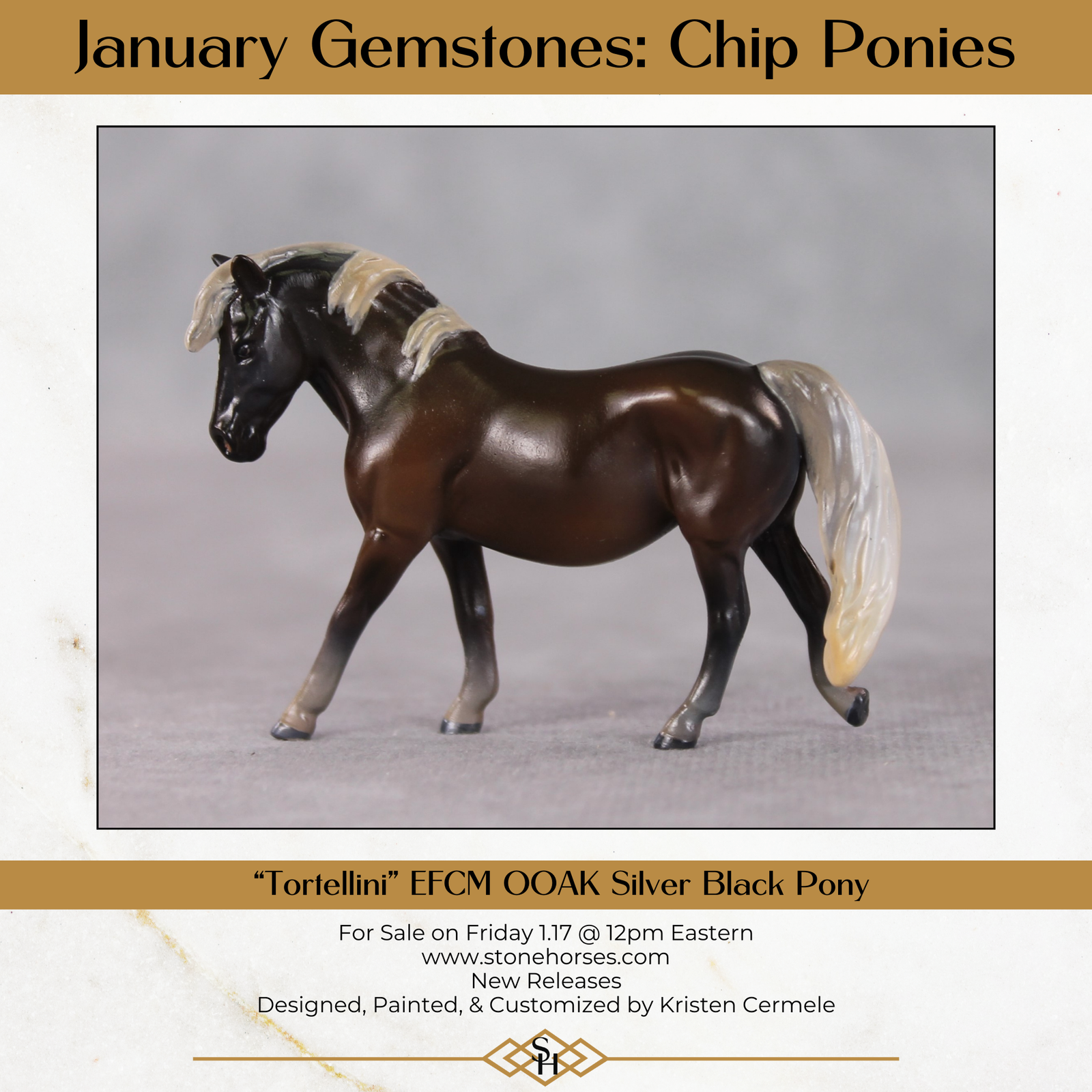 "Tortellini" OOAK Custom Silver Black Pony Chip By Kristin Cermele - Gemstone Series