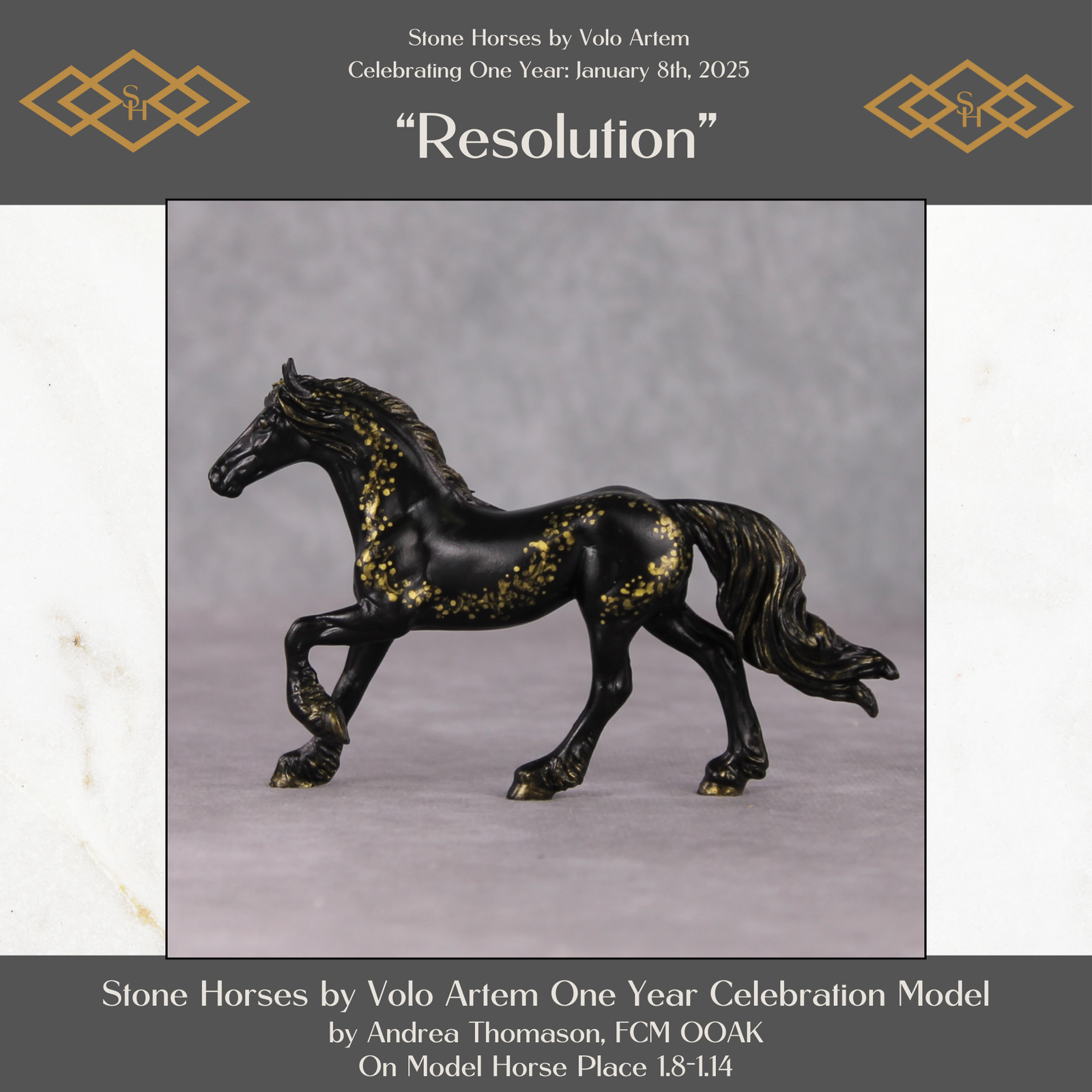 "Mini Resolution" OOAK Black W/ Gold Trail Friesian Chip By Andrea Thomason-Secret Surprise Chip Drop
