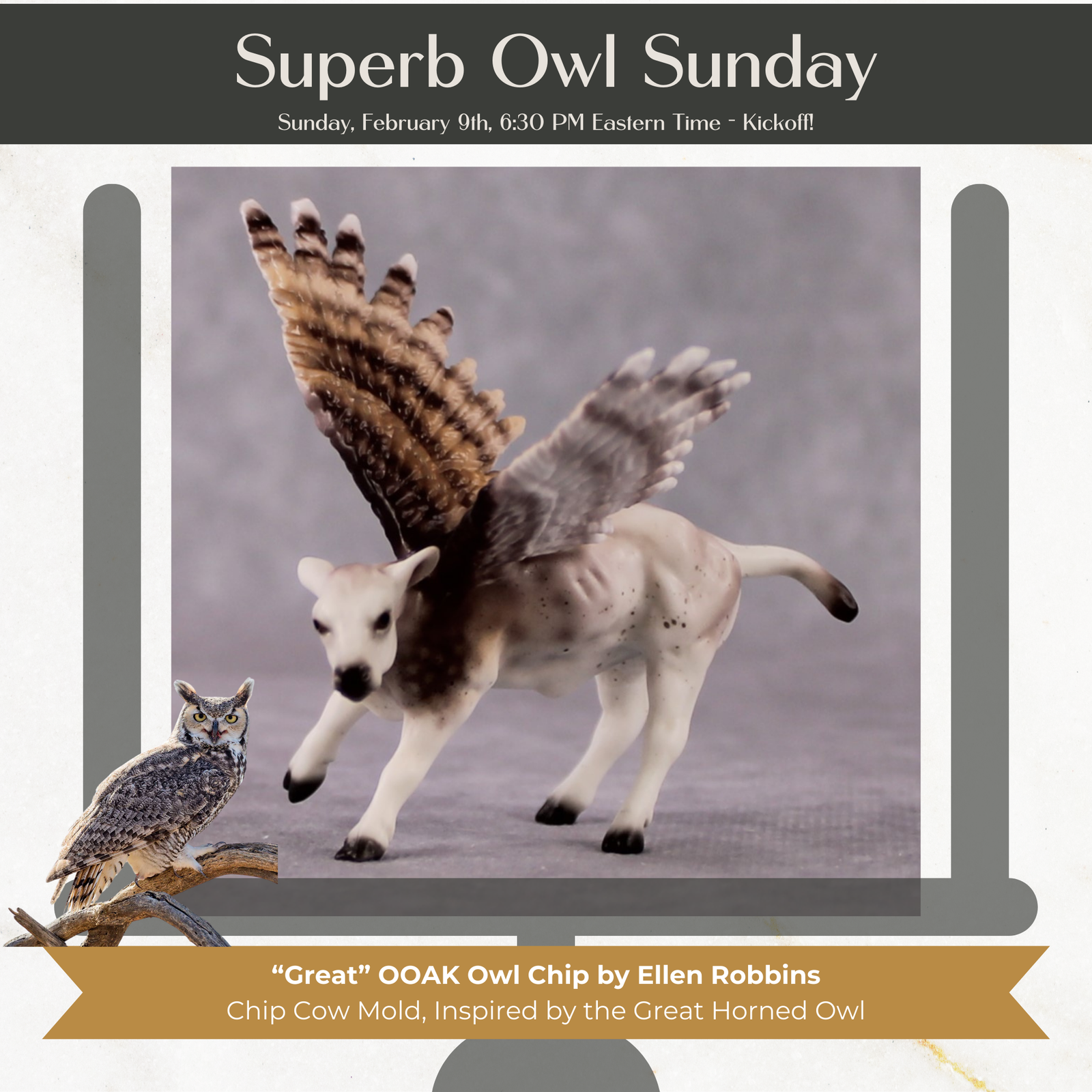 "Great" Secret Surprise Chip Drop: Superb Owl Sunday OOAK Deco Custom Cow Chip By Ellen Robbins