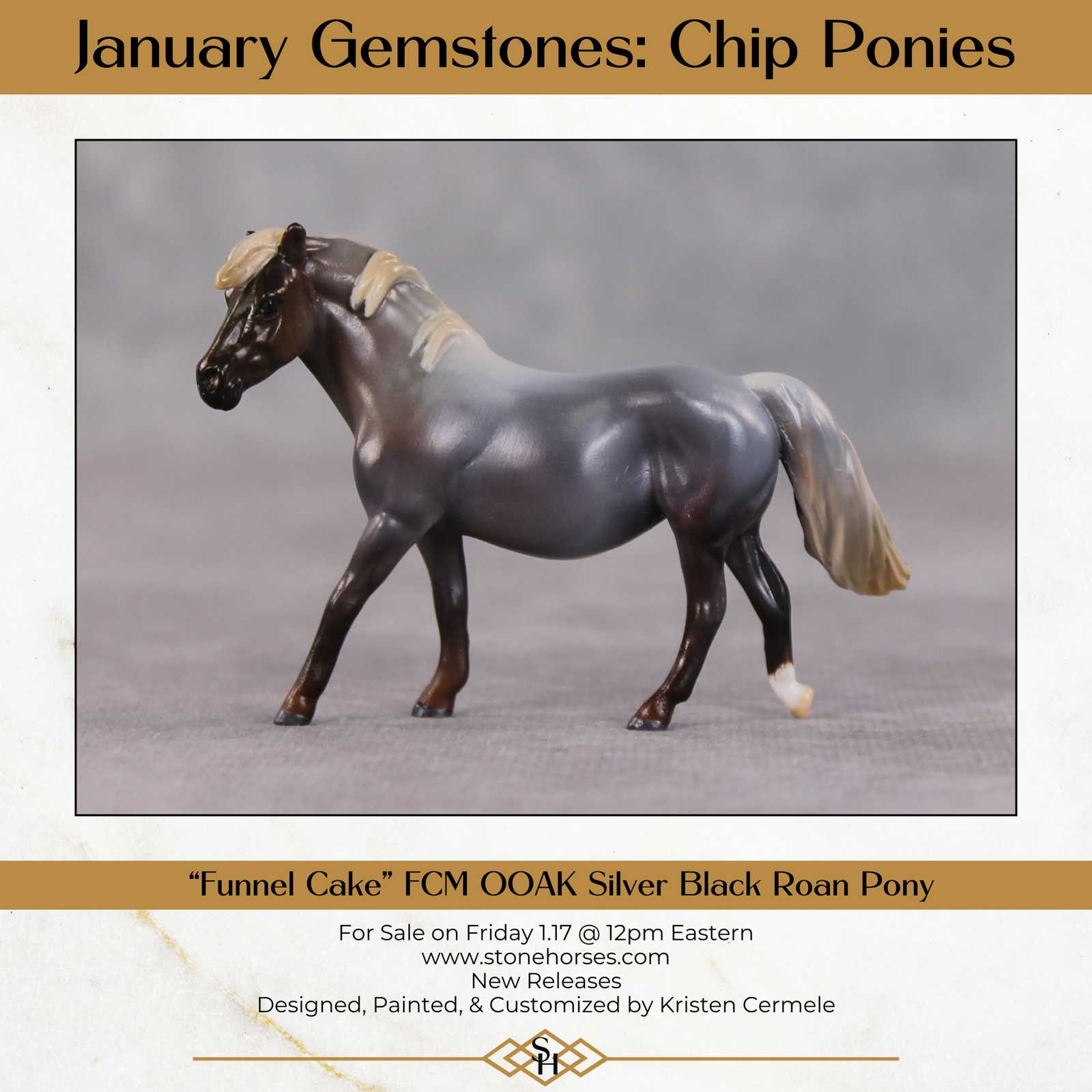 "Funnel Cake" OOAK Silver Black Roan Pony Chip By Kristin Cermele - Gemstone Series