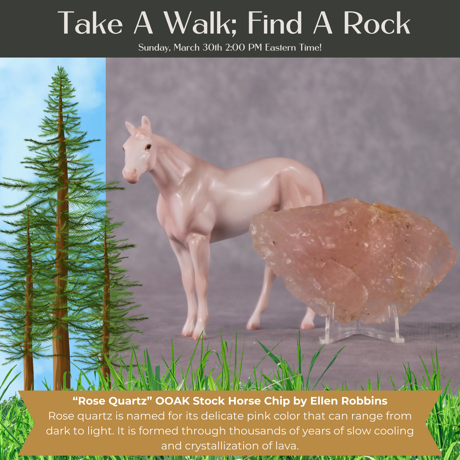 “National Take A Walk in a Park Day” Rock Chips: OOAK Stock Horse Chip based on Rose Quartz by Ellen Robbins
