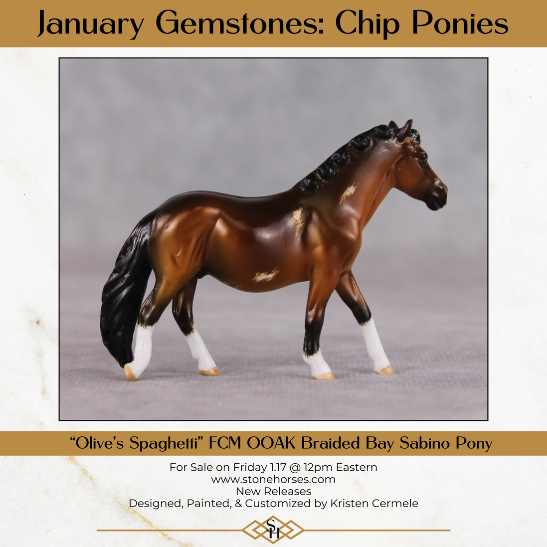 "Olive's Spaghetti" OOAK Custom Shaded Bay Sabino w/ Etched Markings Pony Chip By Kristen Cermele - Gemstone Series