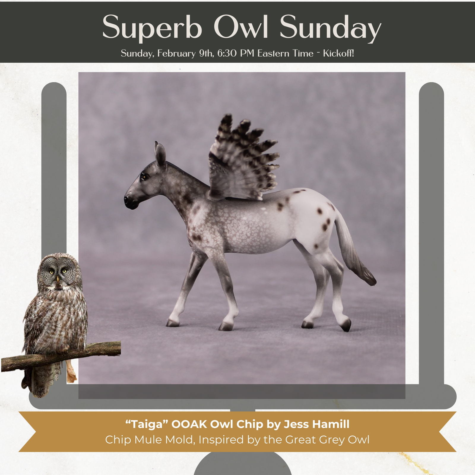 "Taiga" Secret Surprise Chip Drop: Superb Owl Sunday OOAK Deco Custom Mule Chip By Jess Hamill