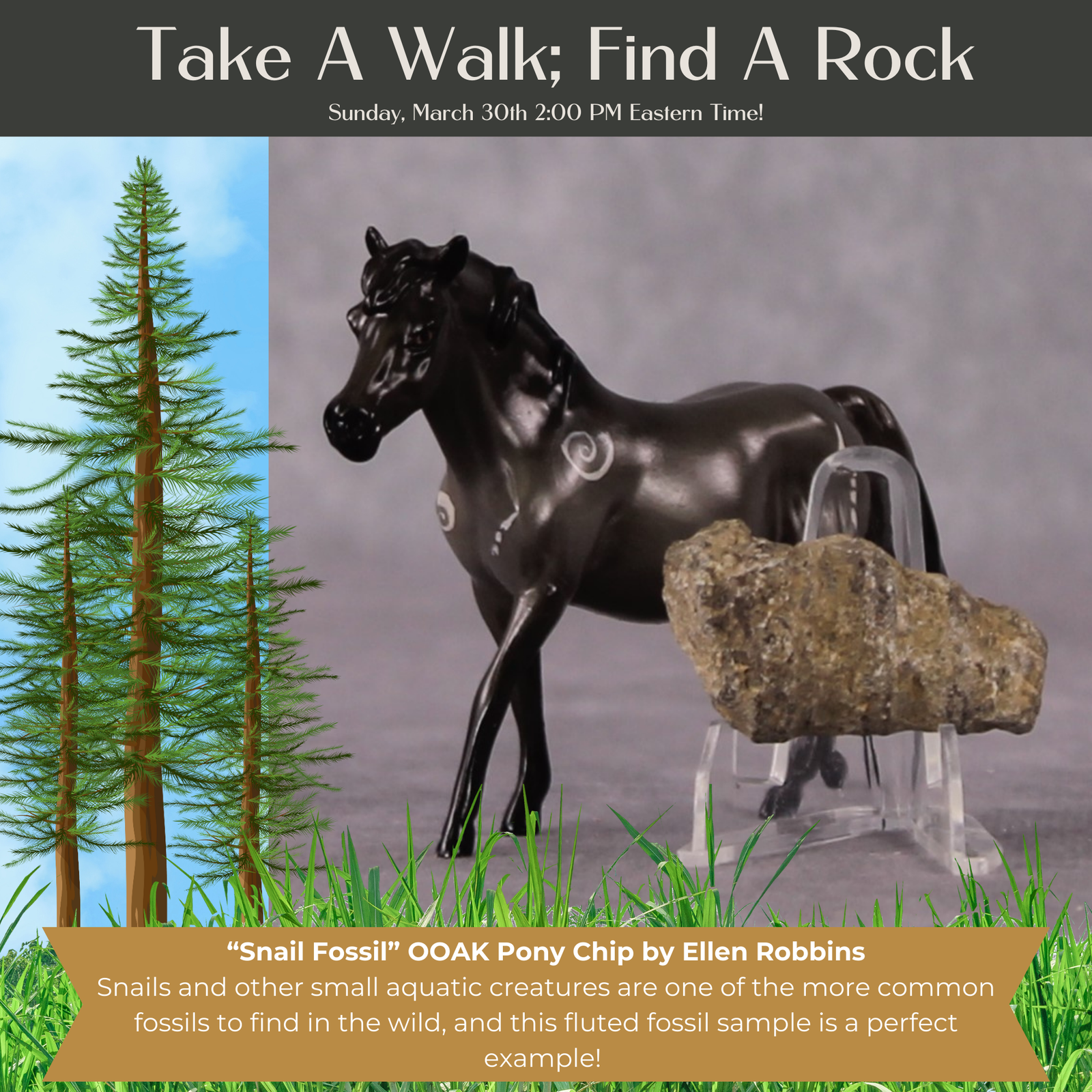 “National Take A Walk in a Park Day” Rock Chips: OOAK Pony Chip based on Snail Fossil by Ellen Robbins