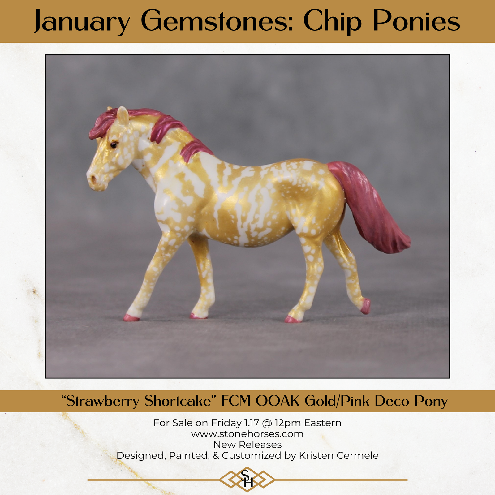 "Strawberry Shortcake" OOAK Custom Gold Splatter Deco Pony Chip By Kristin Cermele - Gemstone Series