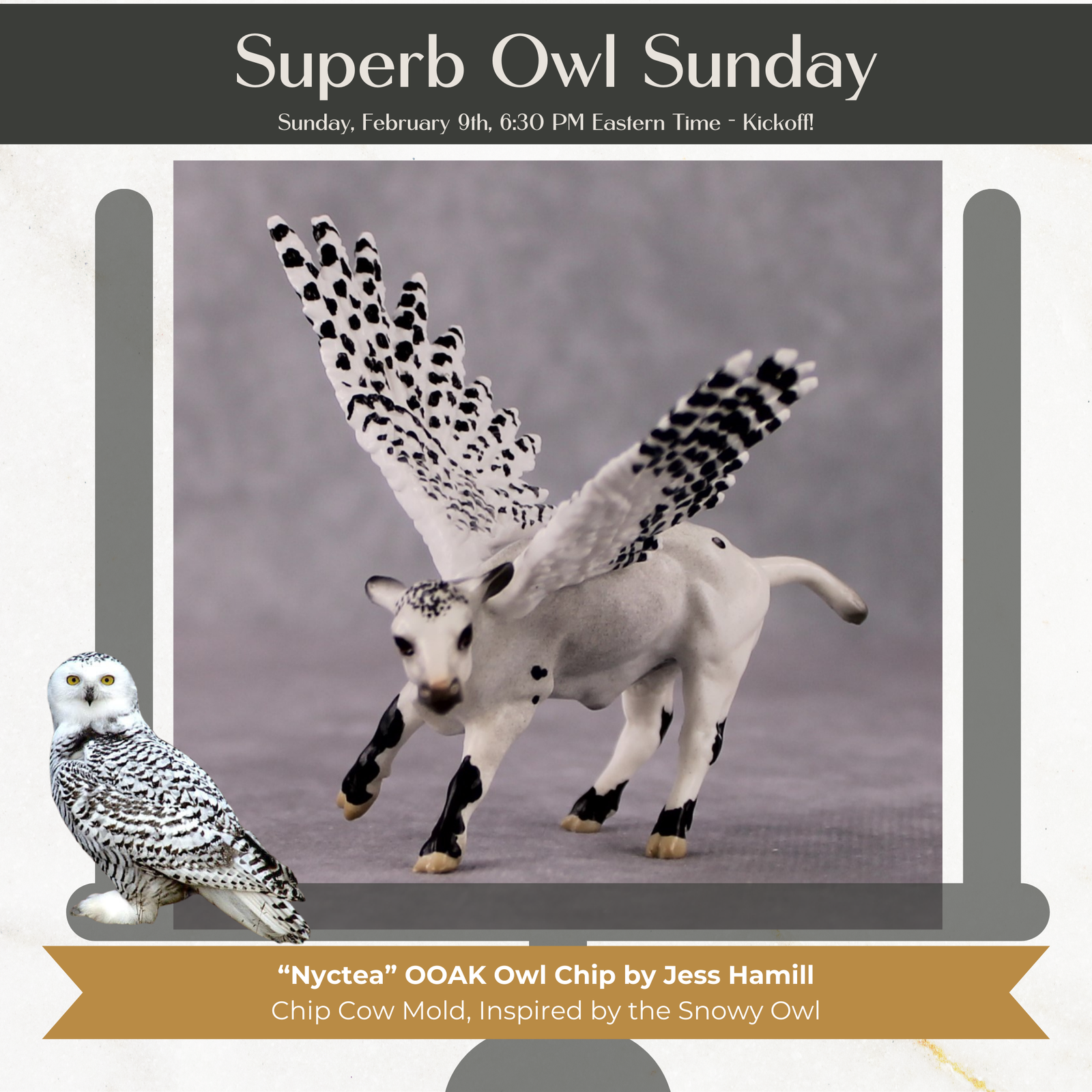 "Nyctea" Secret Surprise Chip Drop: Superb Owl Sunday OOAK Deco Custom Cow Chip By Jess Hamill
