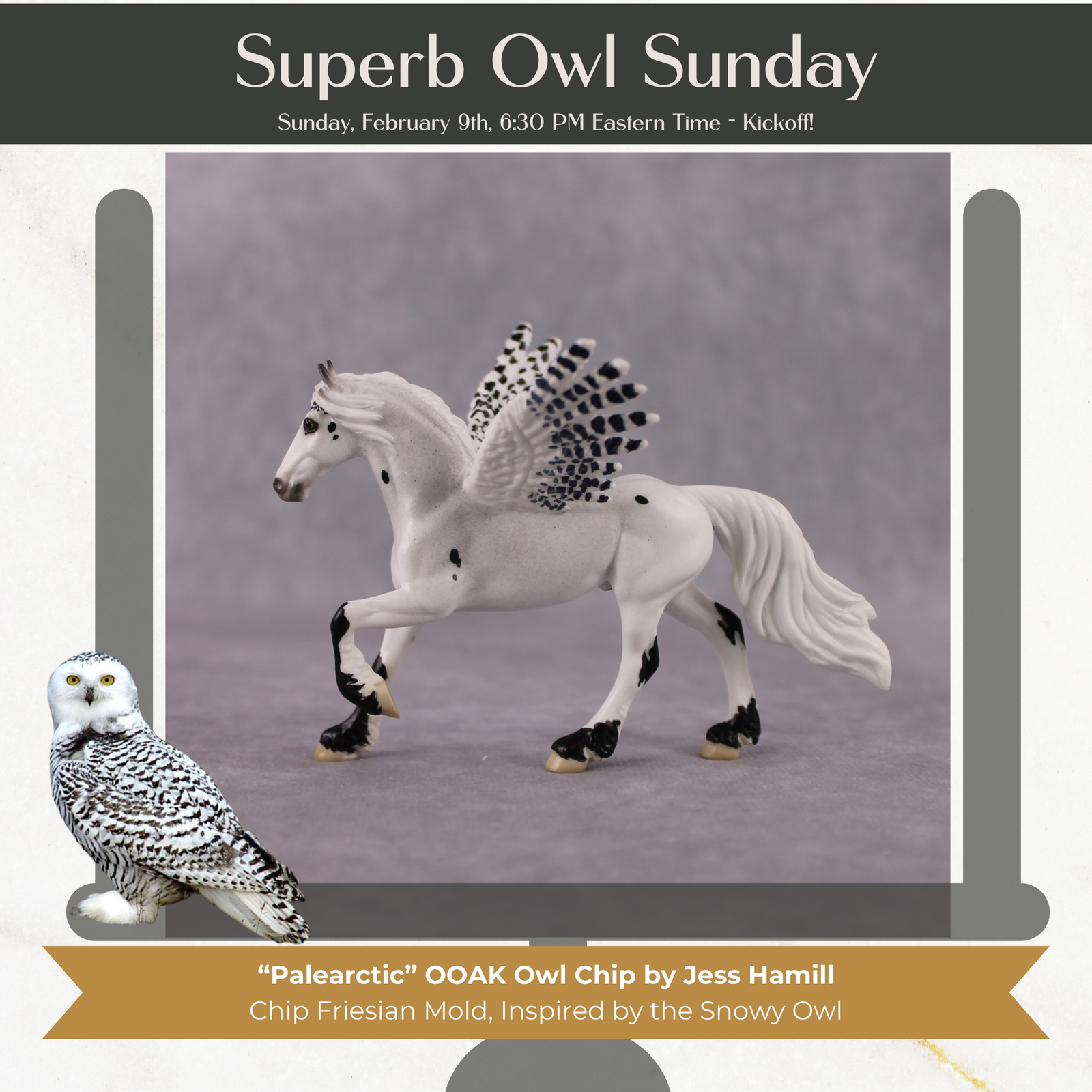 "Palearctic" Secret Surprise Chip Drop: Superb Owl Sunday OOAK Deco Custom Friesian Chip By Jess Hamill