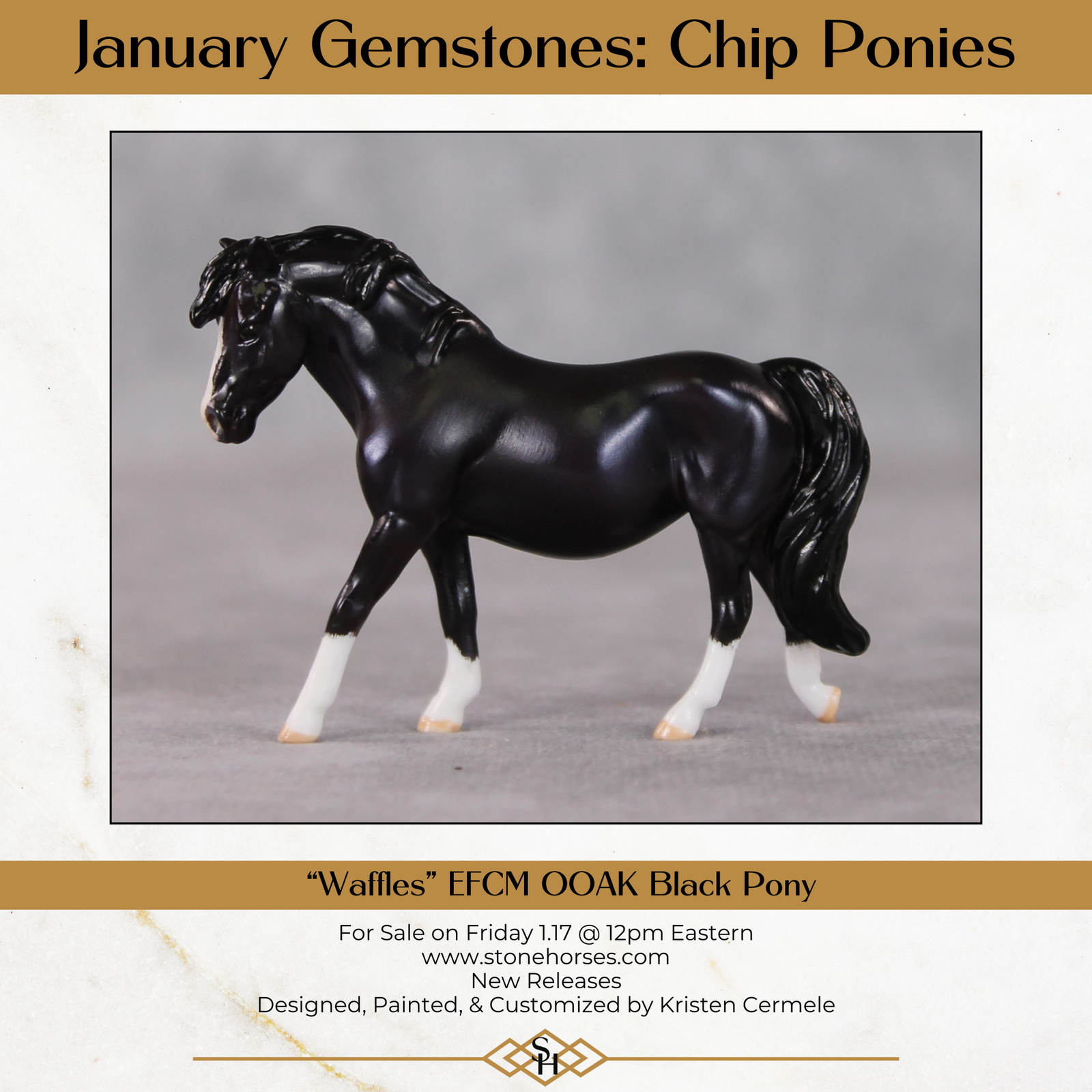 "Waffles" OOAK Custom Shaded Black Pony Chip By Kristin Cermele - Gemstone Series