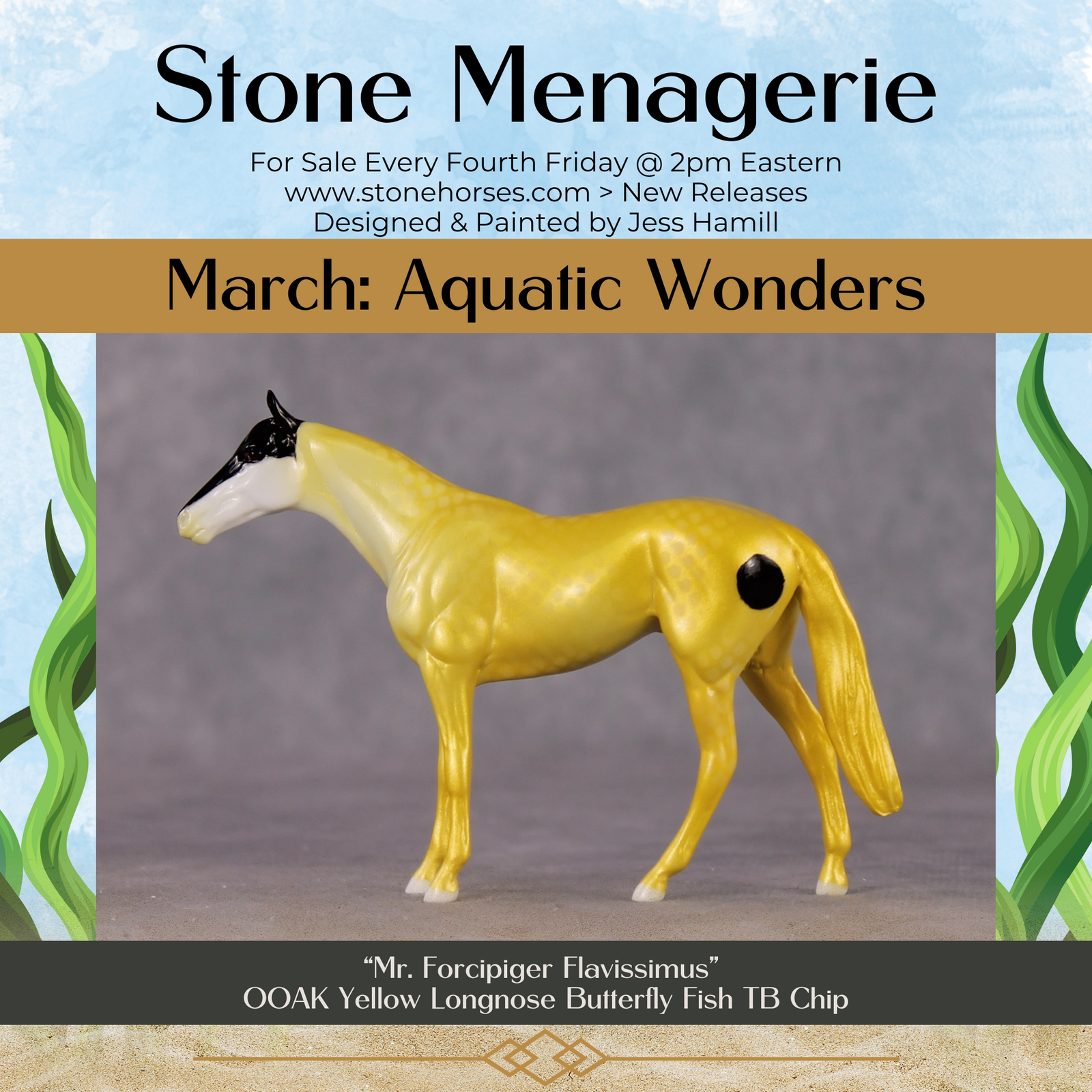 "Mr. Forcipiger Flavissimus" OOAK Glossy Yellow Longnose Butterfly Fish Inspired Thoroughbred Chip by Jess Hamill