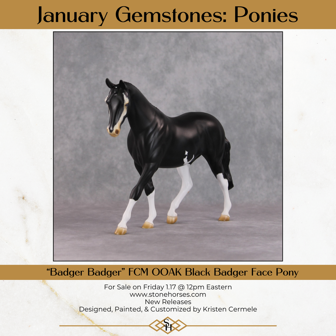 "Badger Badger" OOAK Softly Dappled Black Pony Stone By Kristen Cermele -Gemstone Series