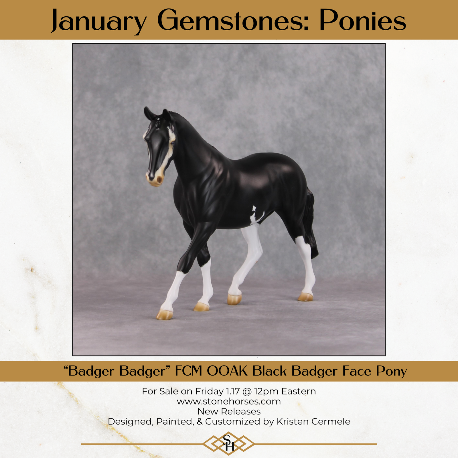 "Badger Badger" OOAK Softly Dappled Black Pony Stone By Kristin Cermele -Gemstone Series